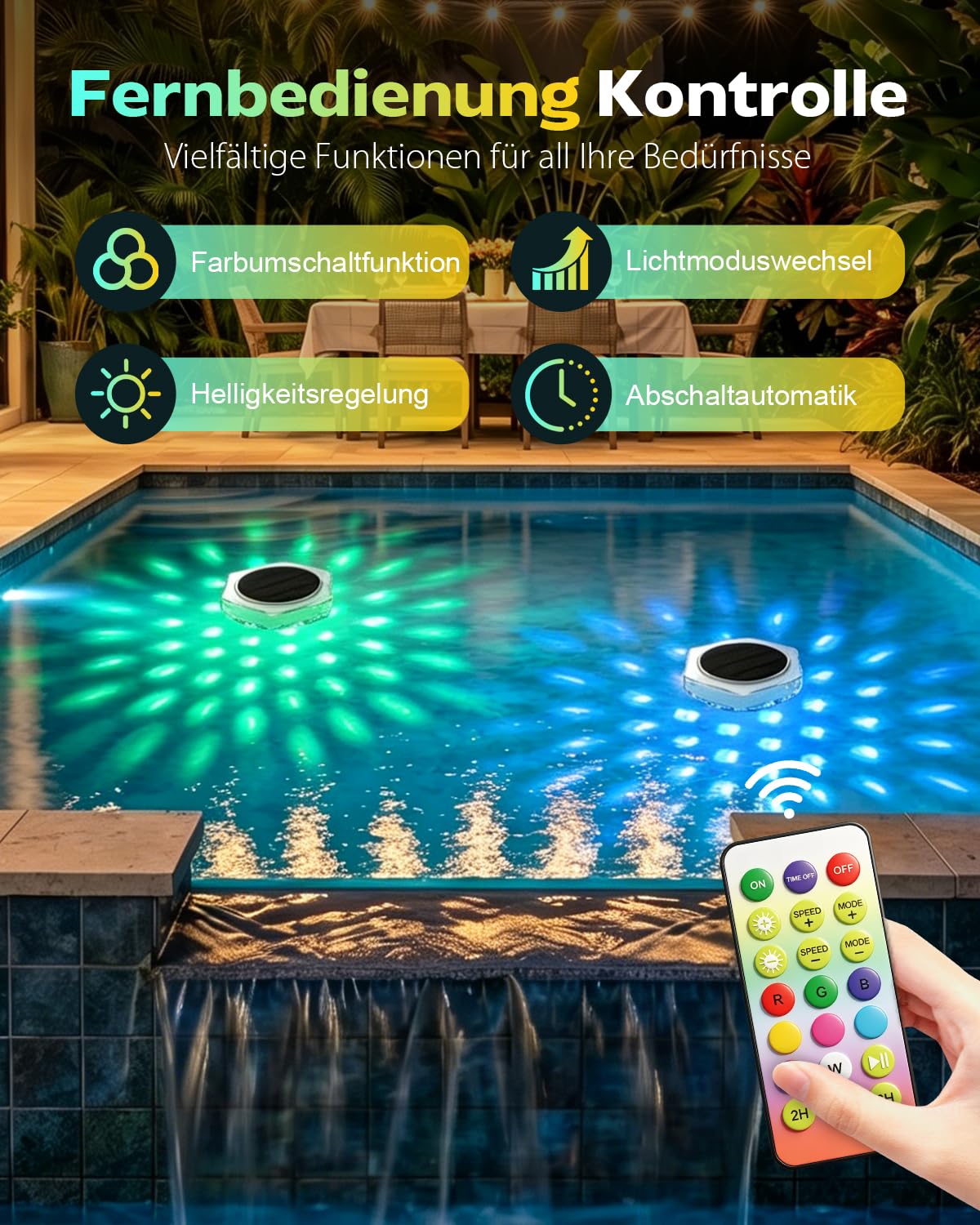 2 Stück Solar Poolbeleuchtung,RGB, Helligkeitsstufen,Timer, 3 Modi, Schwimmende Pool beleuchtung Lichter,Beleuchtung und Dekoration für Badewanne, Garten, Teich, Springbrunnen und Schwimmbad