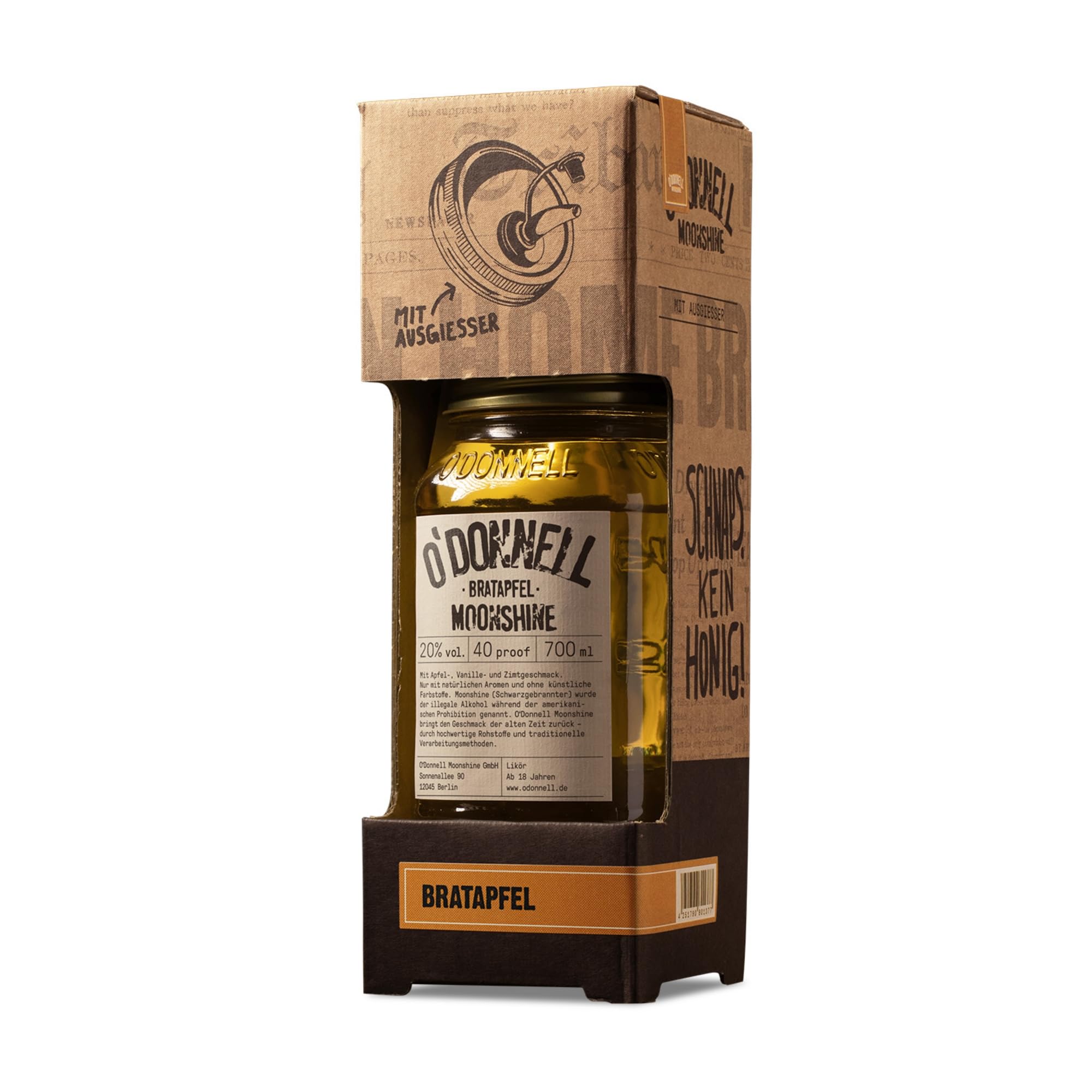 O’Donnell Moonshine Bratapfel Likör (700ml) + Ausgießer – Apfellikör mit Mandel, Zimt & Vanille (fruchtig-frisch) ohne künstliche Aromen – 20% Alkohol im Original Mason Jar – Made in Berlin