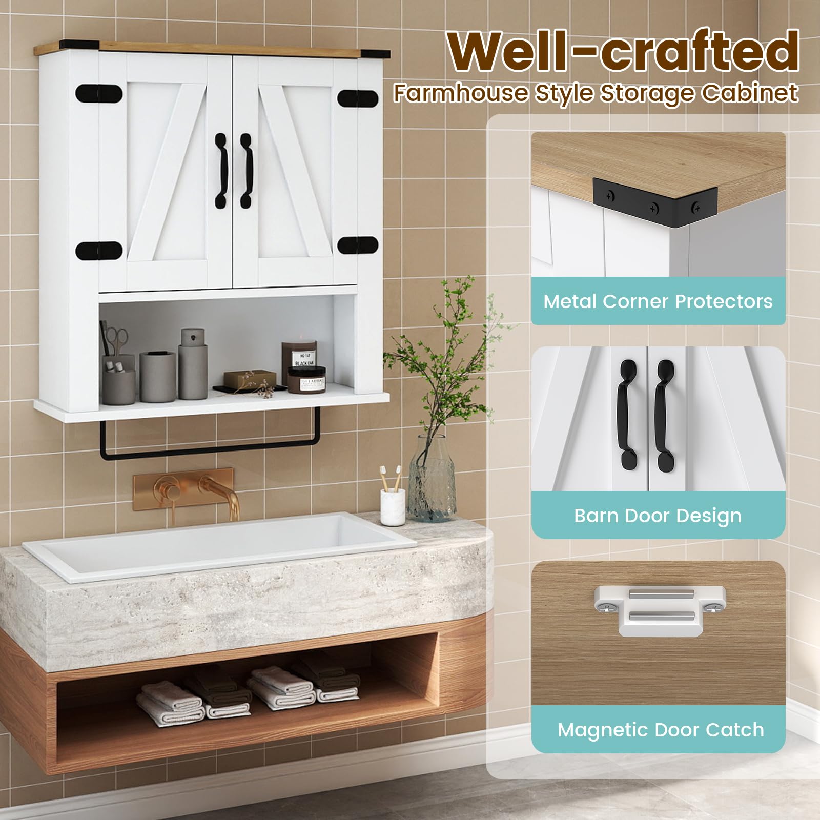 LIFEZEAL Mobiletto Bagno Salvaspazio da Parete, Bianco, Pensile Bagno Sospeso con Barra Portasciugamani, 2 Ante con Ripiano Regolabile, Armadietto, Armadio, Mobile, per Cucina, in Legno, 60x20x72,5cm