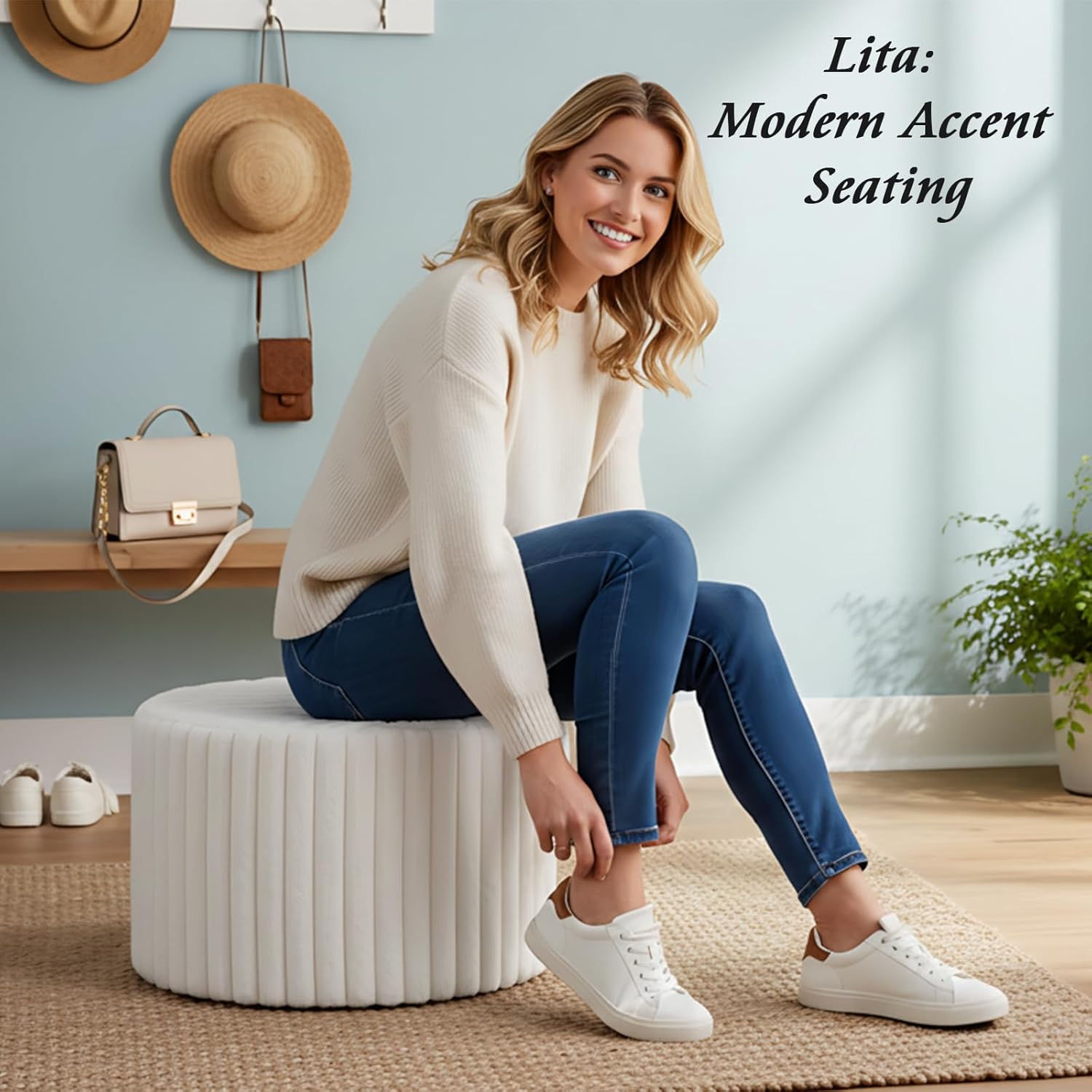LITA Round Stuffed Pouf Ottoman, Corduroy Poufs with High-Density Foam Filling and Washable Cover, Furry and Fluffy Bean Bag Foot Stools Ottoman for Living Room, Bedroom, Office, Beige, Round
