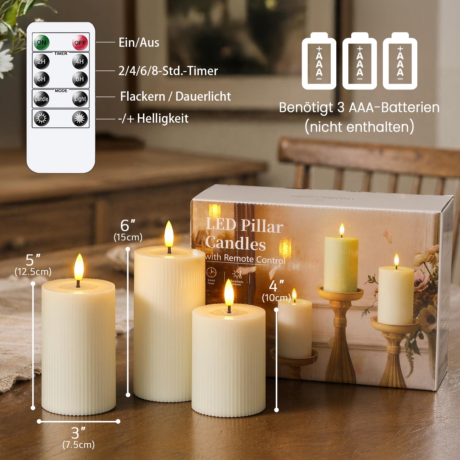 Candele LED senza fiamma con olio di cera, righe verticali, a batteria, effetto tremolante, confezione da 3 candele colonne avorio con telecomando e temporizzazione (7,5cm ×10/12,5/15cm)