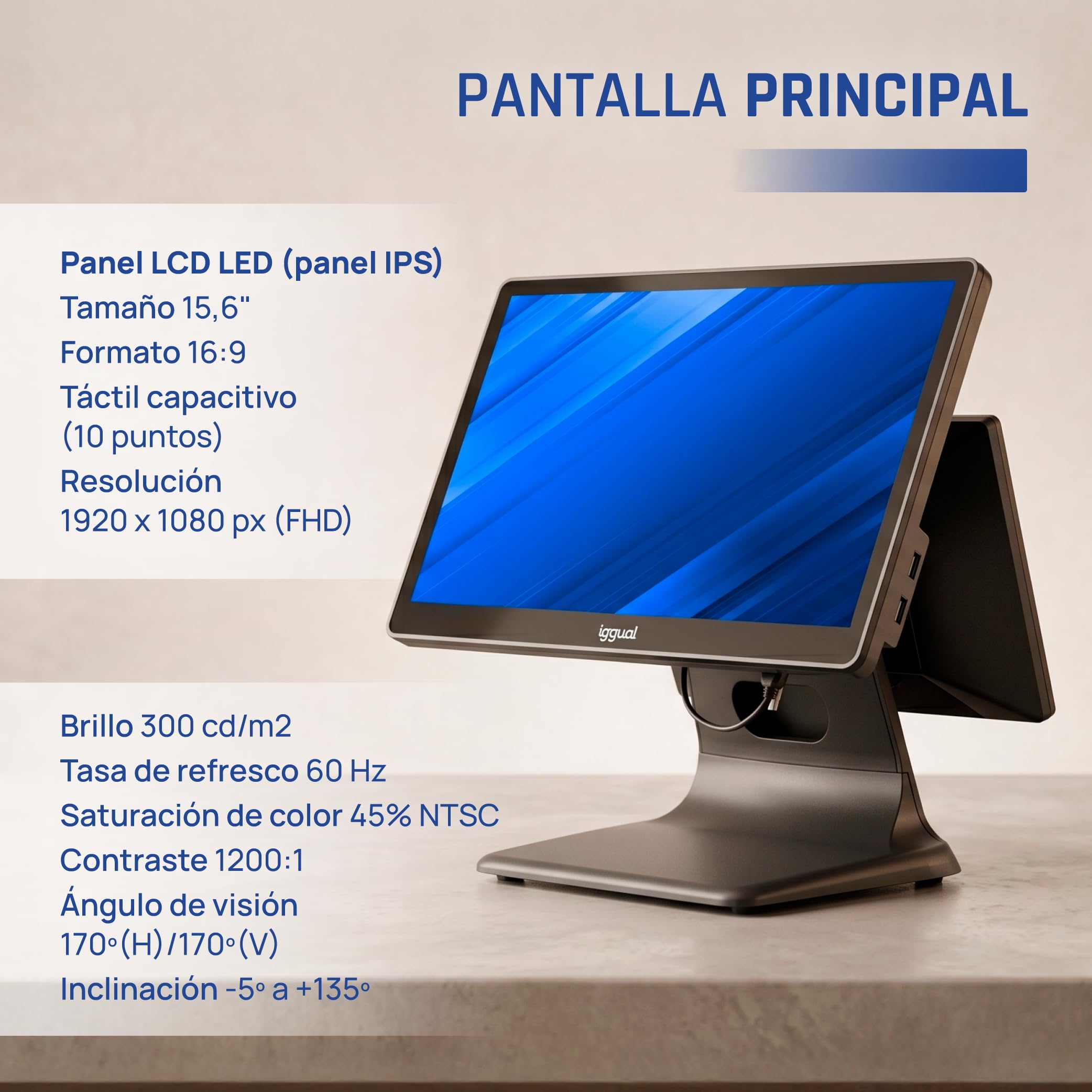 iggual TPV Dual Táctil 15,6”/11,6"- Sistema Caja Registradora Completo con Doble Pantalla - Windows 11 Pro -WiFi 5-Ethernet, Bluetooth 5.1- Procesador Intel® N100 3,4 GHz Apto Verifactu.