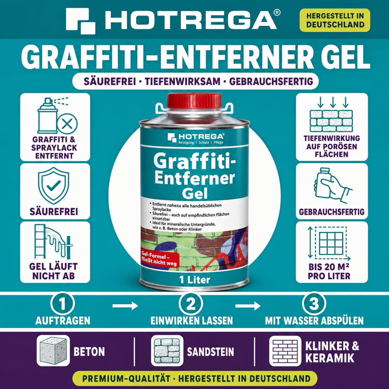 HOTREGA Graffiti Entferner 1 Liter Dose | Säurefreies Spezialgel zur Beseitigung von Sprayfarbe und Filzstift auf Beton, Naturstein, Klinker, Keramik