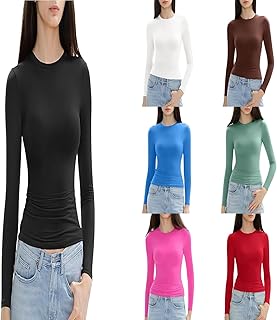 Camiseta básica de manga larga para mujer, camiseta de manga larga para mujer, color blanco, cuello redondo, clásico, elegante, camiseta de manga larga, corte ajustado, camiseta de manga larga,