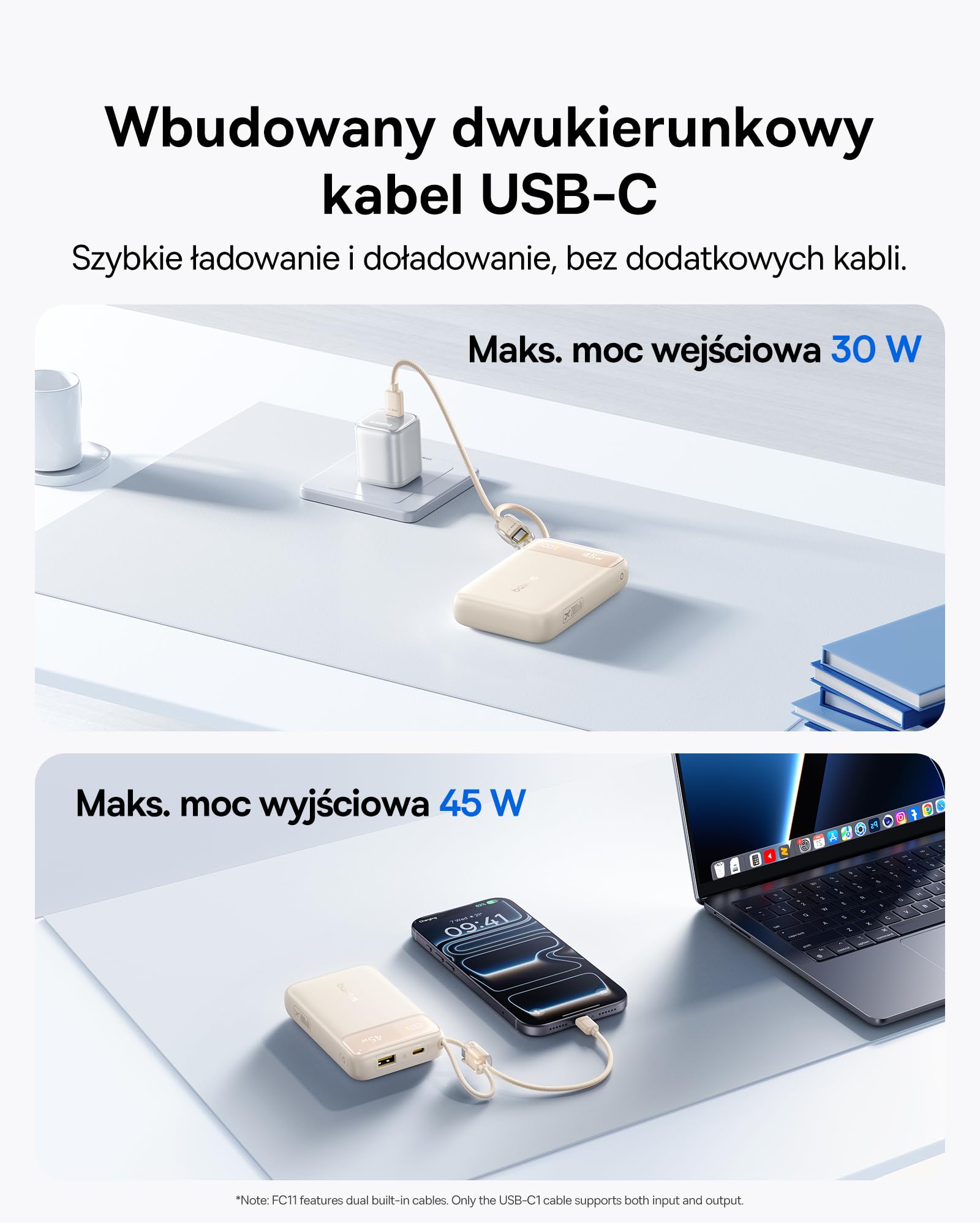 Baseus FC11 Power Bank 45 W 20000 mAh przenośna ładowarka z podwójnym wbudowanym kablem, mały powerbank CCC z inteligentnym wyświetlaczem, zwijany kabel, akumulator do iPhone'a 17/16, iPada, laptopa