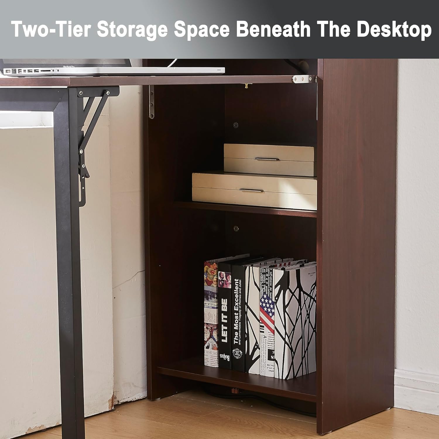 Fold Out Desk with Storage and Built-in Outlet, Mid Century Foldable Desk for Small Spaces, Hidden Folding Table for Home Office or Bedroom (Brown)