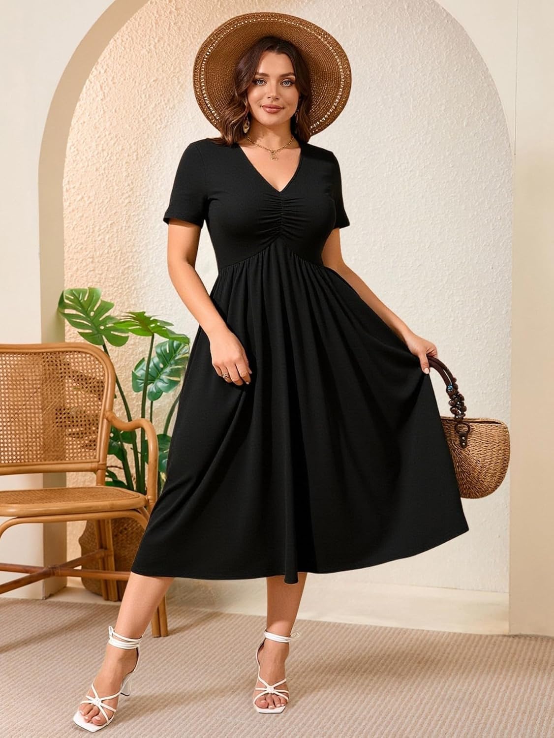Women's Plus Size V Neck Midi Dress Summer Ruched Short Sleeve A Line Flowy Elegant Casual Dresses - Image 3