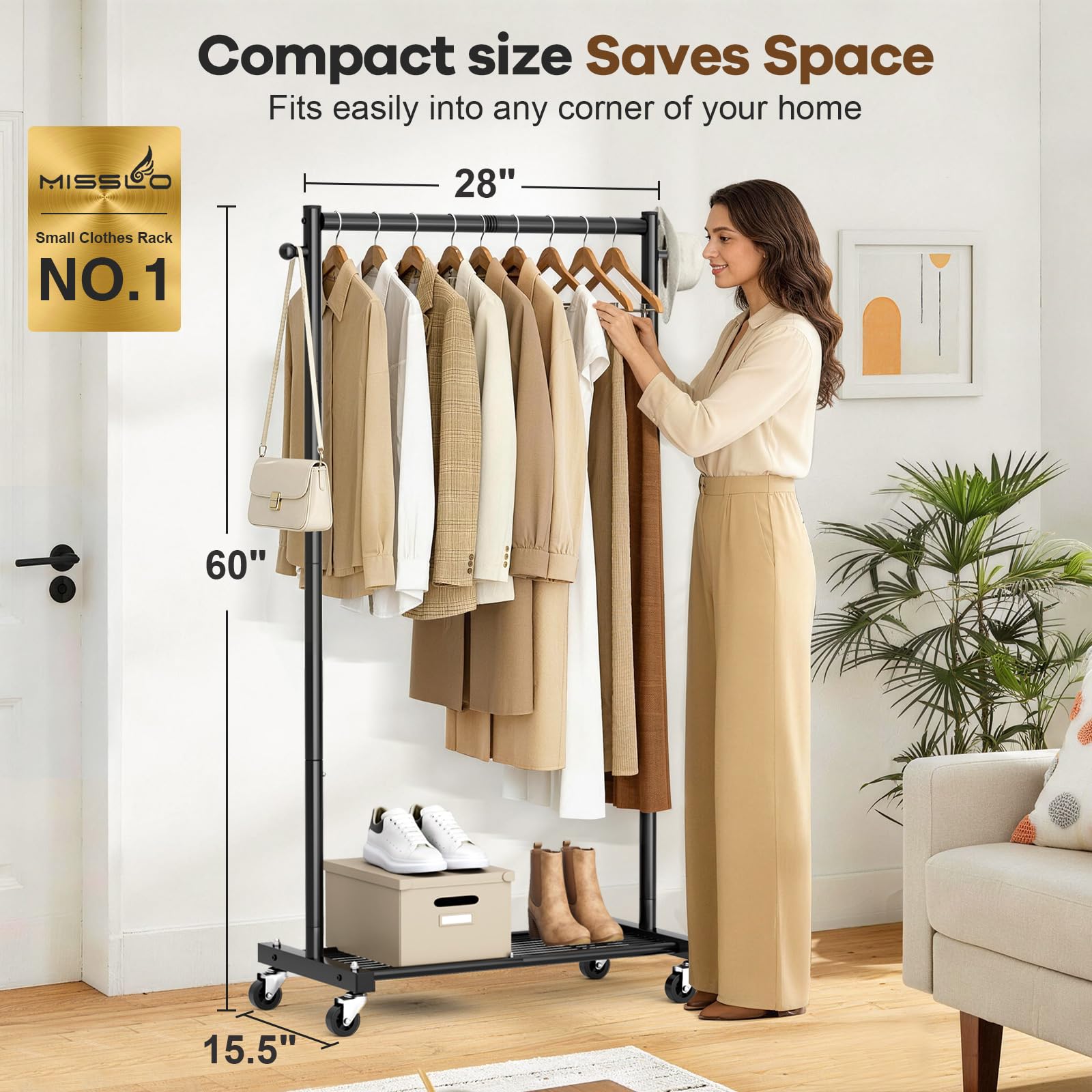 MISSLO Appendiabiti resistente piccolo Clohthig Rail 71,1 x 39,4 x 152,4 cm | 25 mm appendiabiti in metallo con ripiani per riporre oggetti arrotolabile con ruote per camera da letto, lavanderia, nero