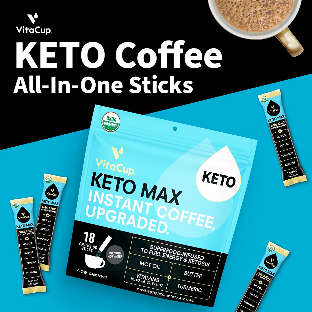 VitaCup USDA Organic Keto Max Dark Roast Instant Coffee Packets for Ketosis & Energy, w/ Butter, MCT Oil, Turmeric, B Vitamins, D3, 100% Arabica Coffee, All-In-One Keto Single Serving Sticks, 18 Ct