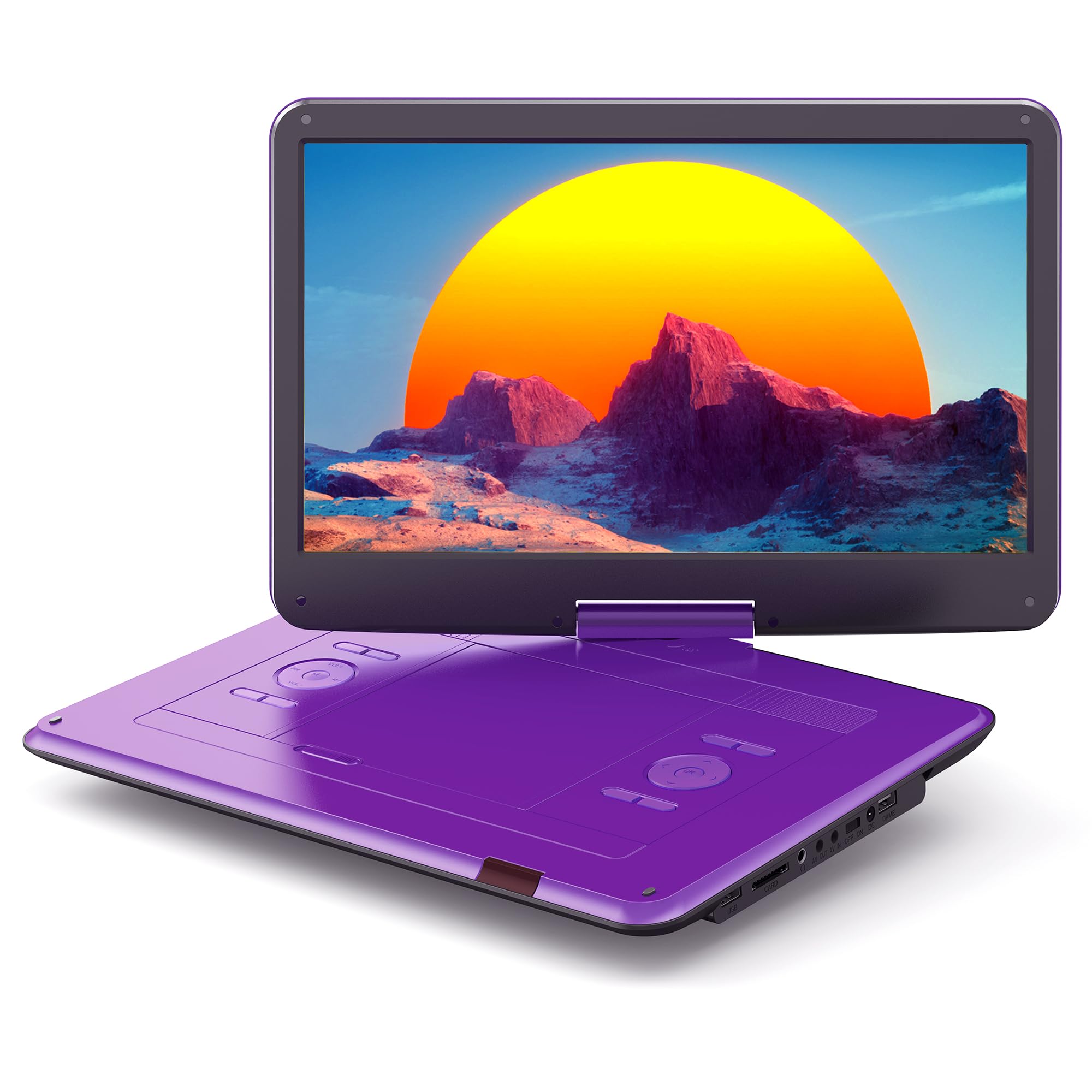 WOLFANG Lettore DVD portatile da 17,5" con display HD da 15,6", batteria da 5000 mAh, nessuna restrizione regionale, doppi altoparlanti stereo, supporto USB/SD/Sync-TV/proiettore, viola