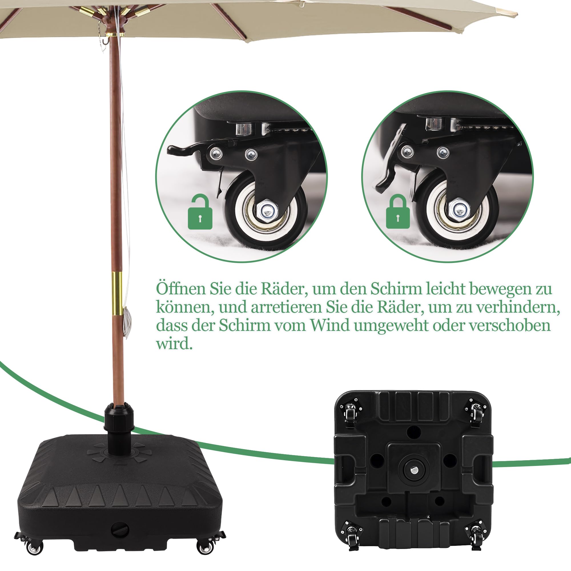 Supporto per ombrellone di alta qualità con ruote, 20 l, riempibile con acqua/sabbia, supporto per ombrellone sospeso e ombrellone da mercato, stabile supporto per ombrellone per giardino
