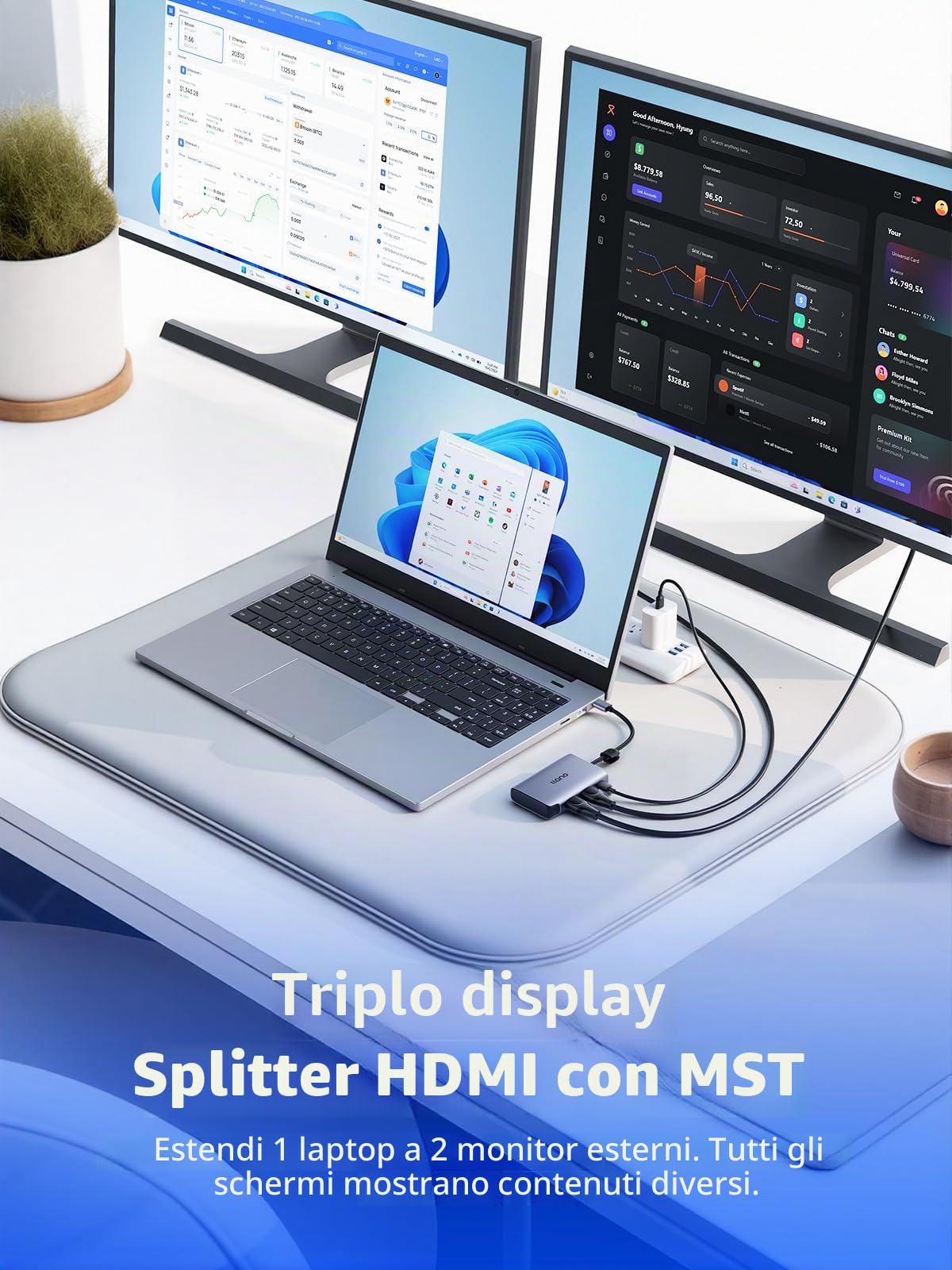 llano HDMI Splitter per Display Esteso per Doppio Monitor Adattatore da USB-C a Doppio HDMI MST,4K@60Hz 2K@144/ 120Hz PD 100W HDR10+ MST SplitExtend HDMI per Laptop macOS e Windows