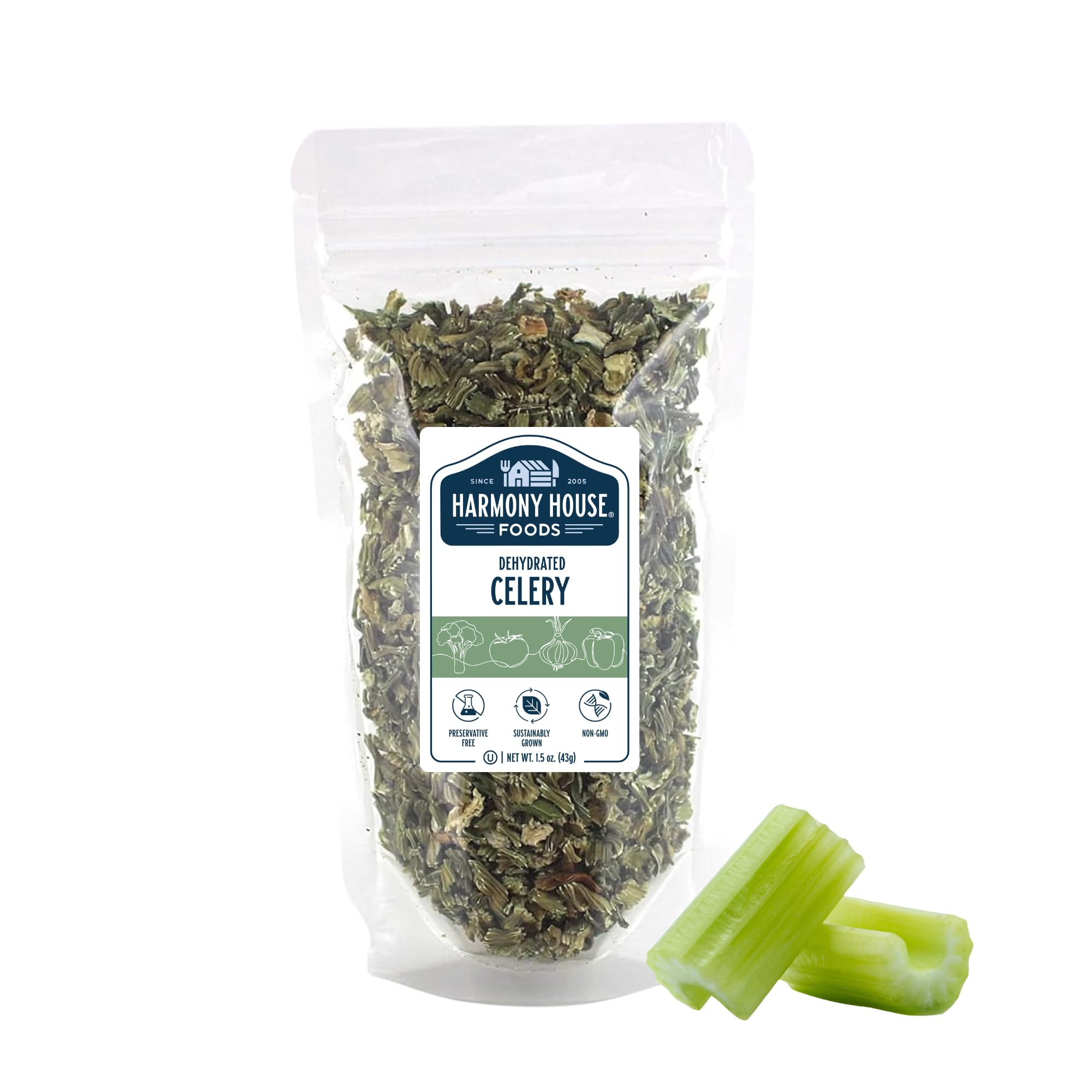 Harmony House Dehydrated Celery, Crosscut – Dried Vegetables For Cooking, Camping, Emergency Supply and More (1.5 oz, Zip Pouch)
