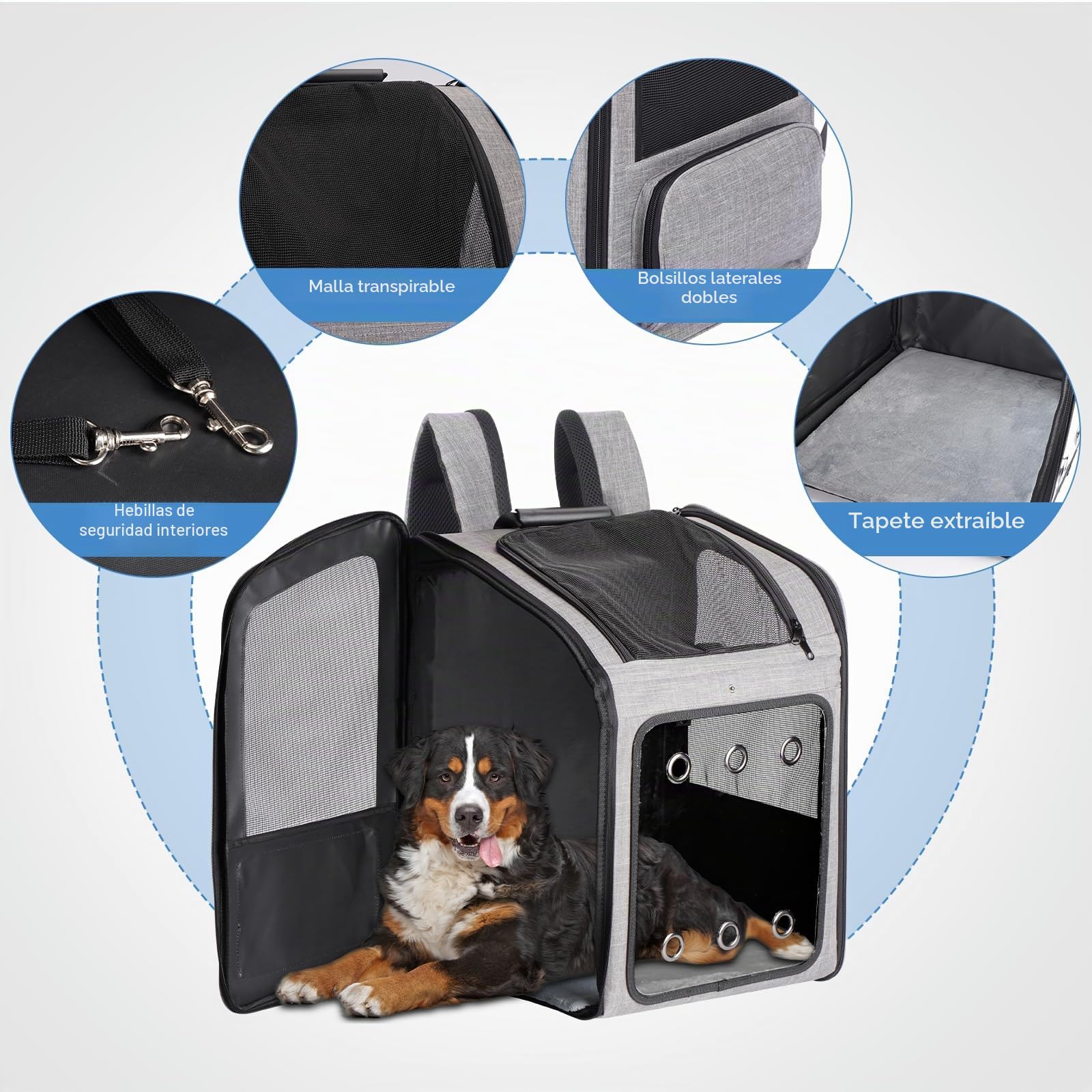 Mochila Transportín para Gatos Grandes hasta 15 kg y Perros Pequeños 12 kg, con Panel Acrílico Transparente, Malla Transpirable, Almohadilla Lumbar Acolchada y Cojín Desmontable y Lavable