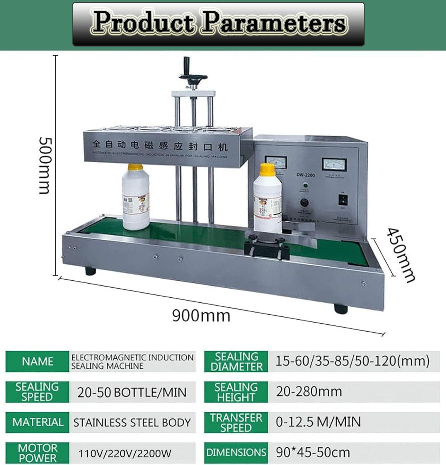 Sellador de tapas de botellas por inducción, máquina de sellado automático de acero inoxidable, sellador de banda continua, sellador de bolsas con banda de inducción electromagnética, 15-85 mm