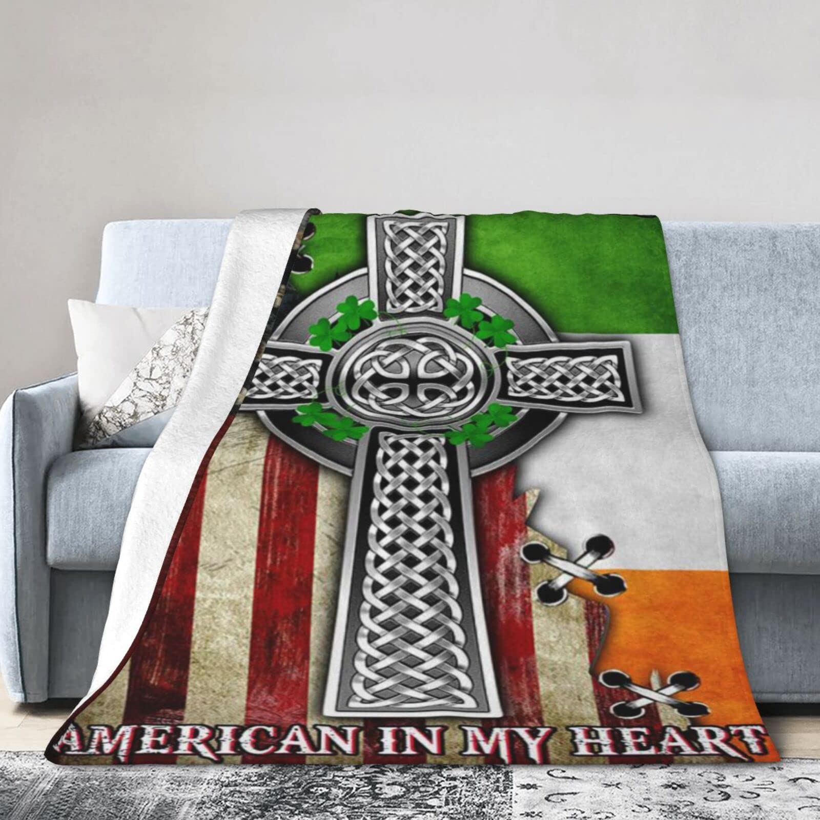 Lsjuee Flannel Fleece Blanket 80"X60" Irish in My Veins, American in My Heart. Celtic Knot Cross Bed Throw Blanket Lightweight Ultra-Soft Travel Winter Blankets for Couple Keep Warm