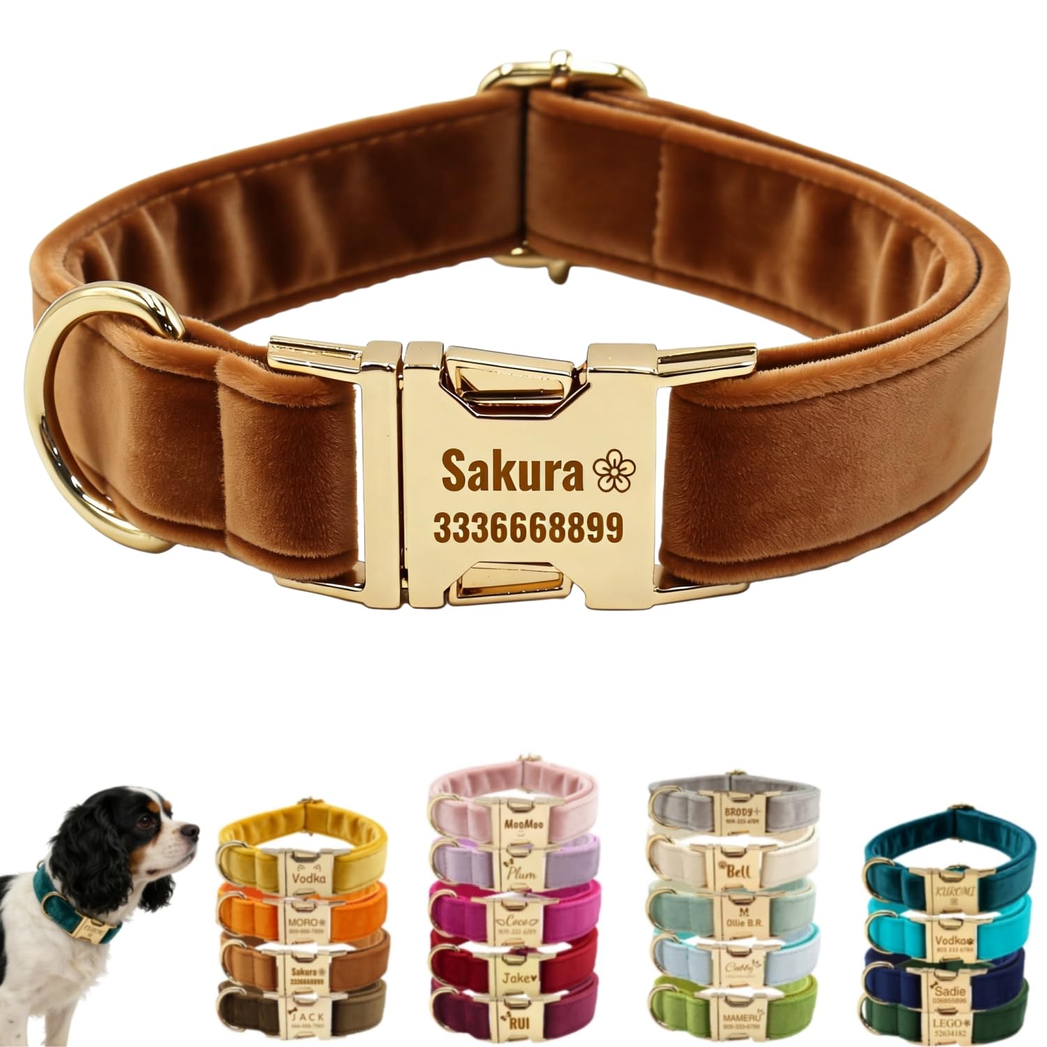 Personalised Velvet Dog Collar with Engraved Name & Phone Number, Luxury Double-Sided Soft Plush Pet Collar for Small Medium Large Dogs & Cats, Adjustable ID Collar with Gold Metal Buckle