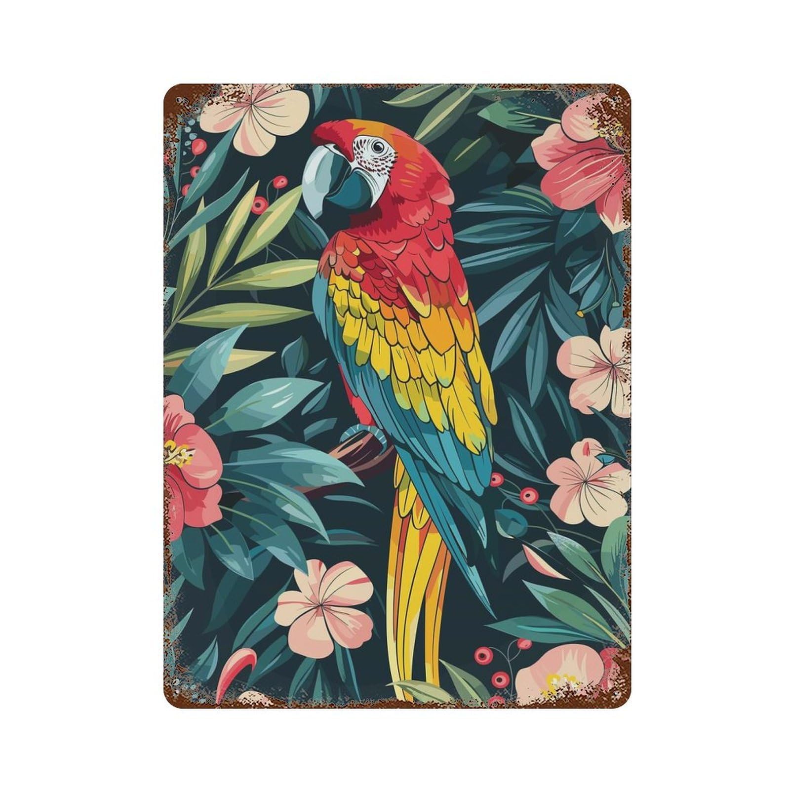 Aged Metal Wall Plaque with Tropical Parrot Illustration Design 15.7"x11.8", for Pub, Kitchen And Man Cave Decor, Shabby Chic Decor