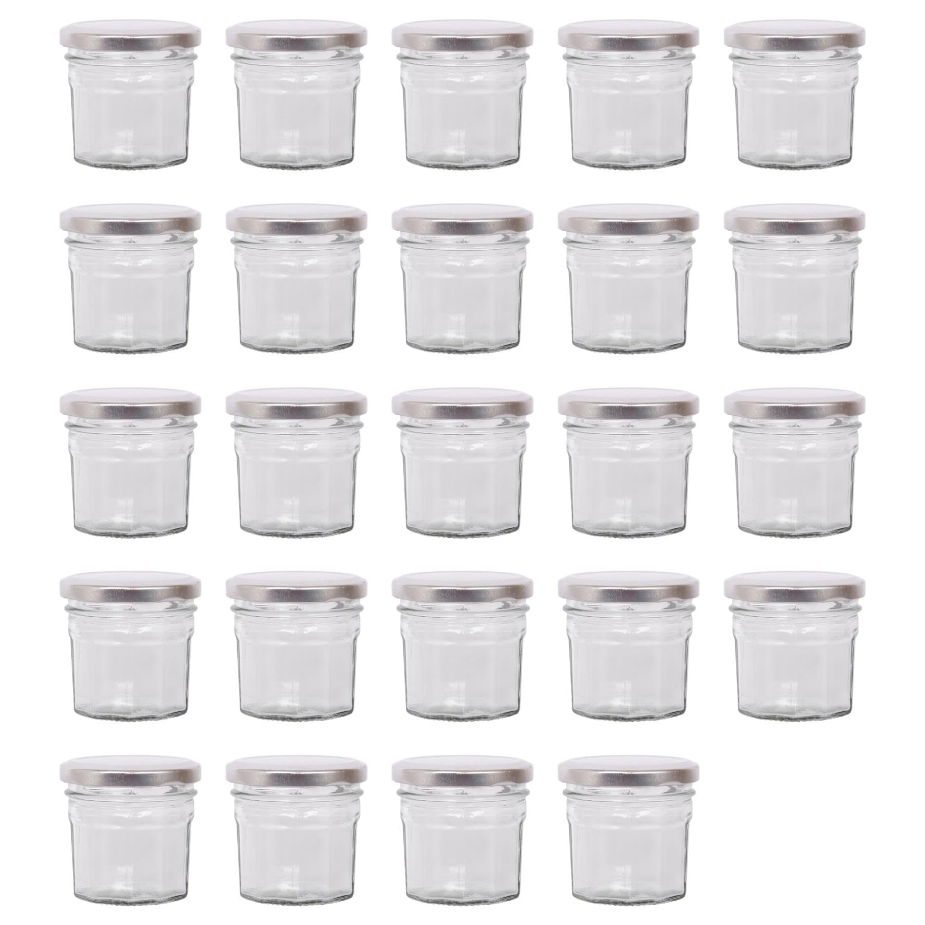 Argon Tableware Glass Jam Jars with Airtight Silver Lids - 90ml - Pack of 24 - Empty Screw Top Kitchen Storage Jar for Food, Honey, Spice, Pickling, Preserving, Candle Making