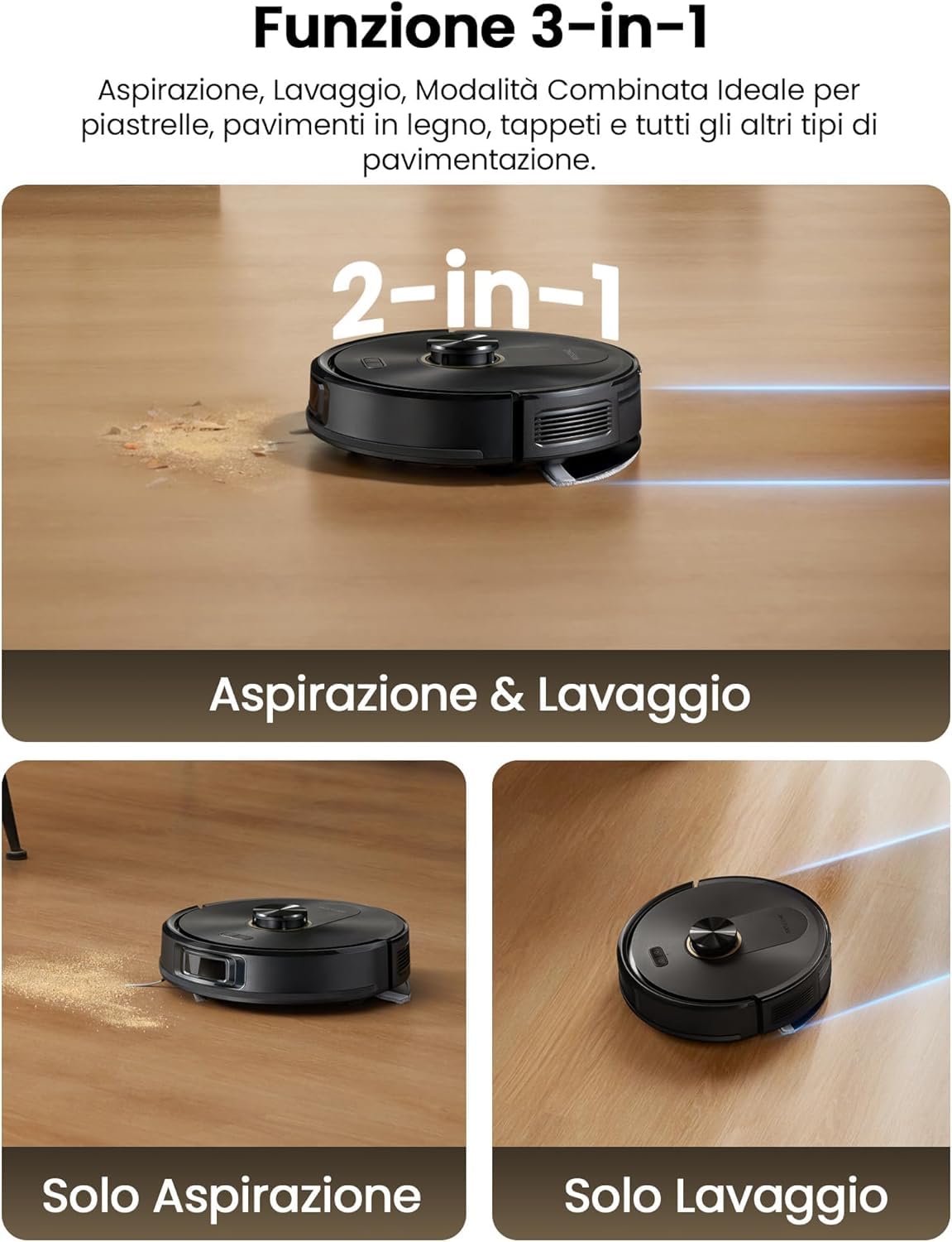 Proscenic Q20Plus Robot Aspirapolvere Lavapavimenti con Mappatura 10000Pa 200 Minuti Autonomia Contenitore Trasparente Senza Sacco per Pavimenti e Tappeti