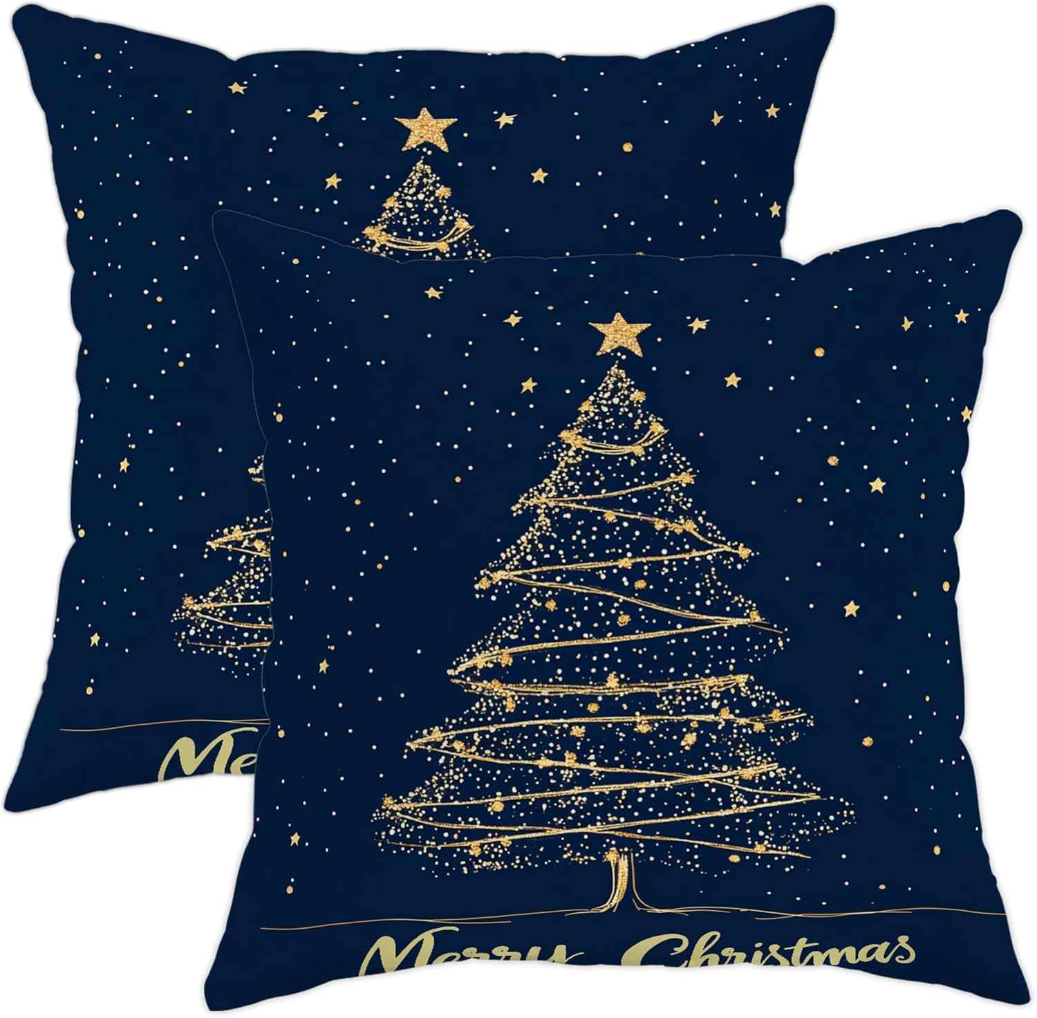 Gold Star Christmas Tree Throw Pillow Covers, Navy Blue Holiday Decor, Festive Cushion Cases for Home Sofa Bedroom Living Room 28x28 Inch