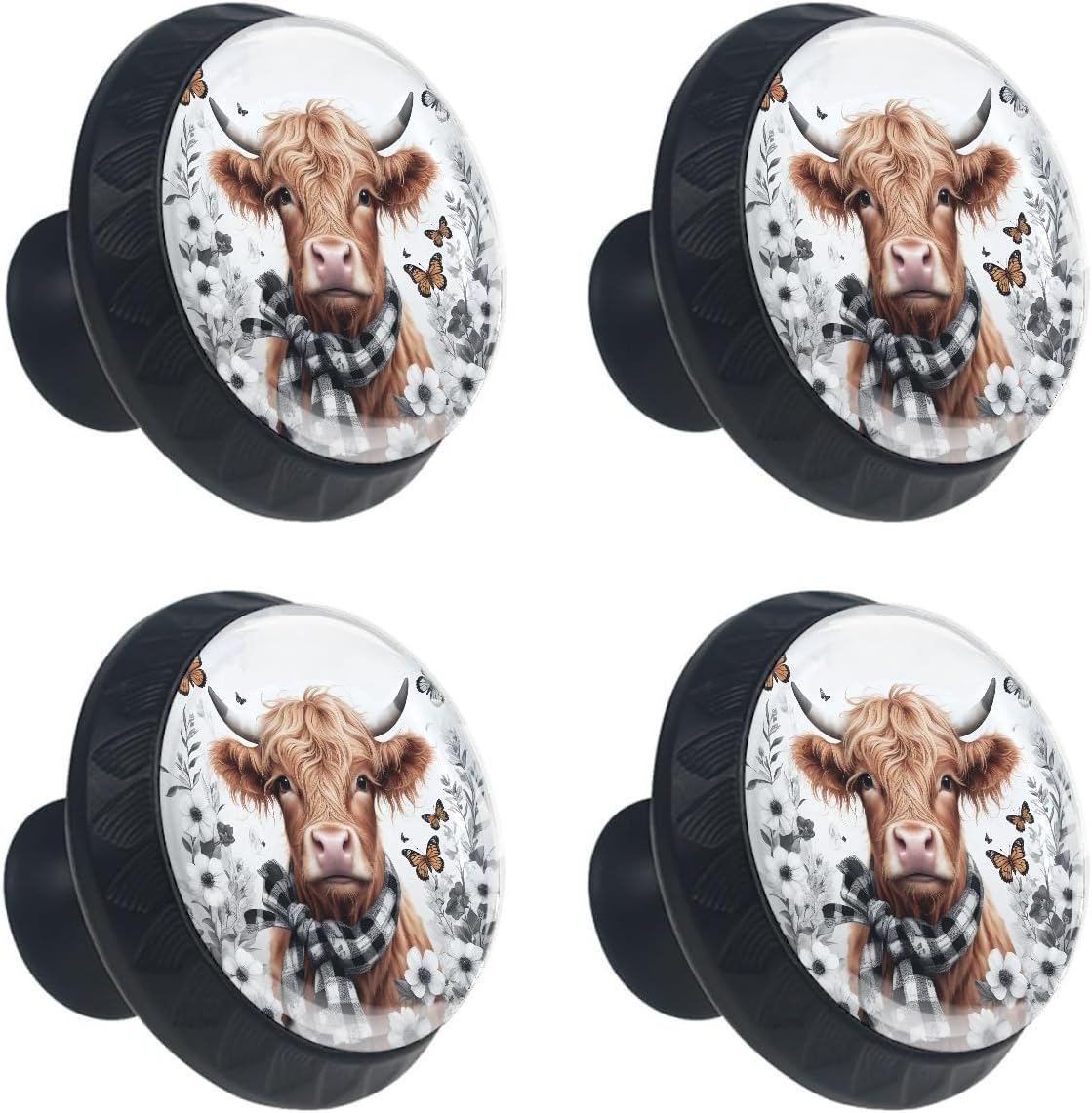 4 Pack Decorative Cabinet Knobs, Highland Cattle and Flowers Black Round Drawer Pulls with Screws, Glass ABS Single Hole Dresser Pulls Handles for Kitchen Bathroom Bedroom Hardware 35mm