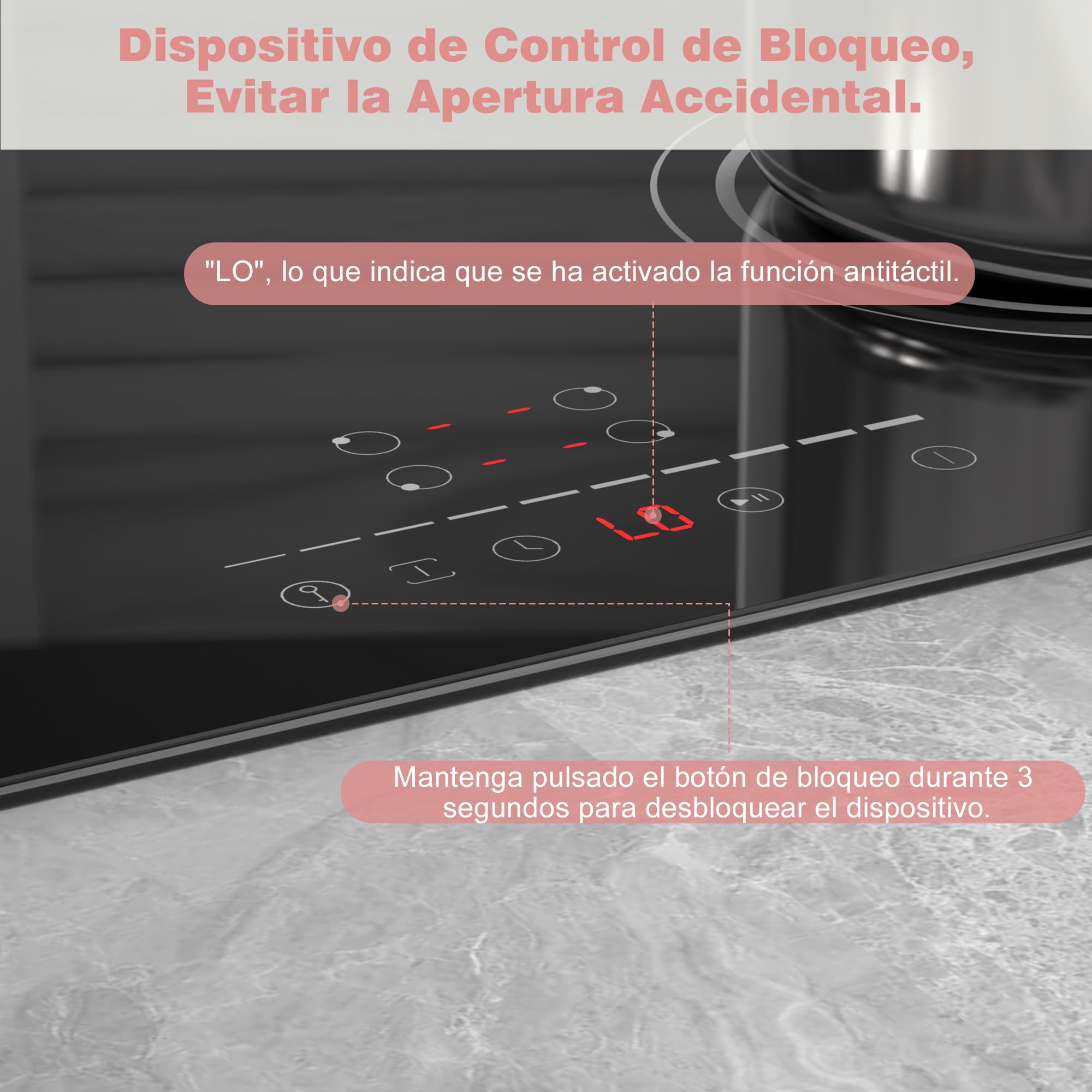 Placa Induccion 4 Fuegos 6400W, Placa de Inducción Integrada 4 Placas, Vitroceramica Induccion Flexible Zone, Función de Pausa, 9 Nivels, con Temporizador, Cerradura Infantil | Booster - Interruptor de seguridad para niños, temporizador, función de pausa,