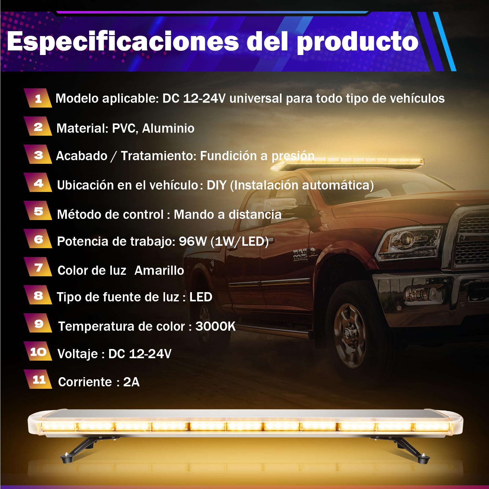 Luz LED de advertencia intermitente de 130 cm – 96 ledes 3000 K 3000 K barra de luz para coche 12 – 24 V intermitente de emergencia, quitanieves, barra de luz IP65 con cable de 3,8 m