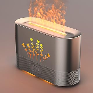 Diffuser with Flame Light Effect 180ml Simulation Flame Aroma Diffuser Super Quite Humidifier with Waterless Auto Shut-Off for Bedroom, Home, Office (Grey)