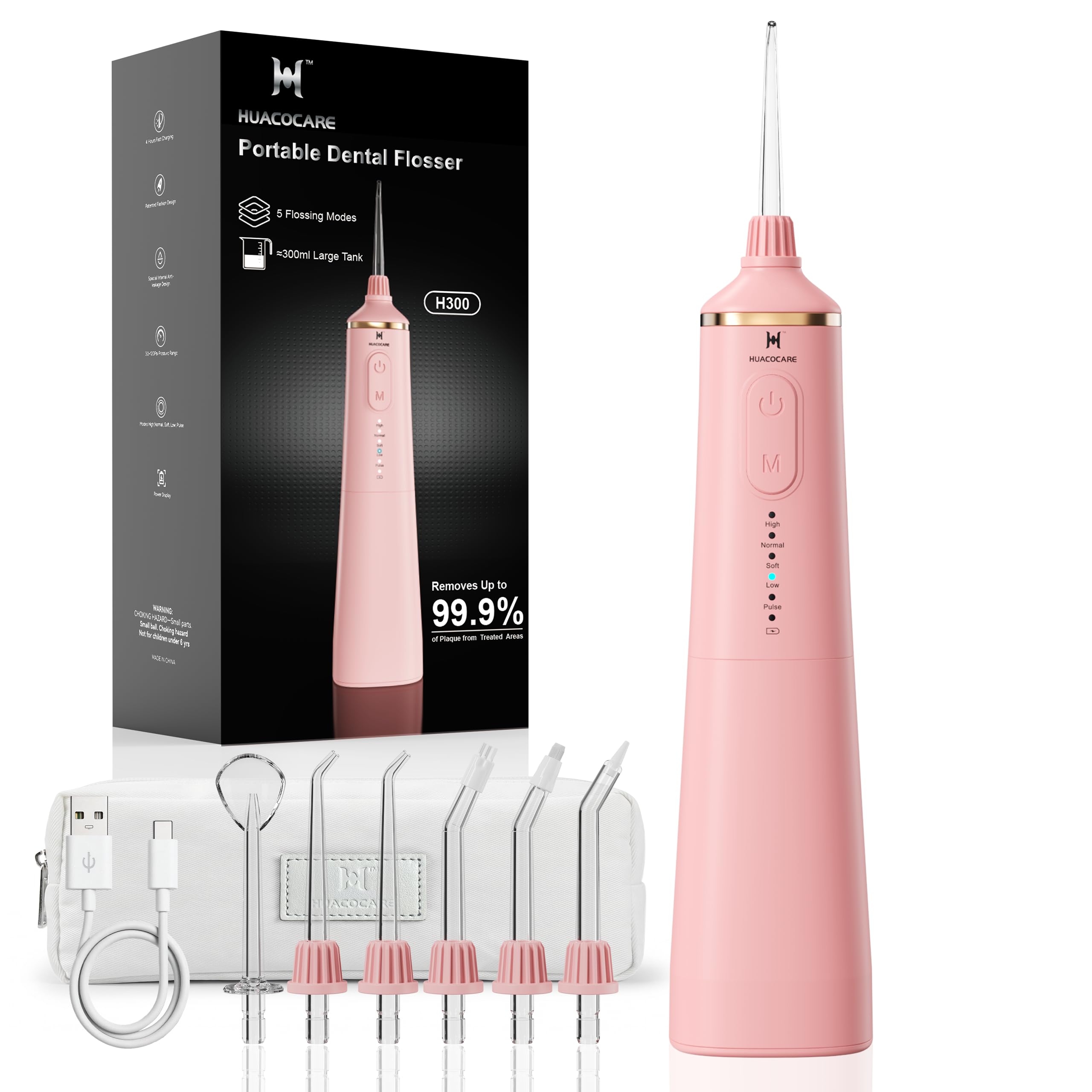 HUACO CARE Irrigador bucal de agua mejorado de 300 ml, 5 modos de irrigador bucal profesional inalámbrico, limpiador dental de agua de pulso de alta presión para el hogar y viajes, elimina la placa