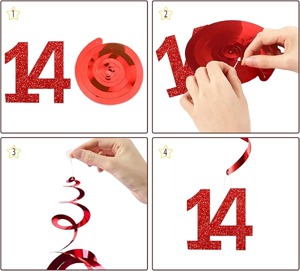 14th Birthday Decorations for Boys Girls - Black Red Glitter Happy 14th Birthday Letter Banner and Pennant Flags, Number 14 Foil Balloons and Hanging Swirls for 14 Years Old Children Party Supplies - 4