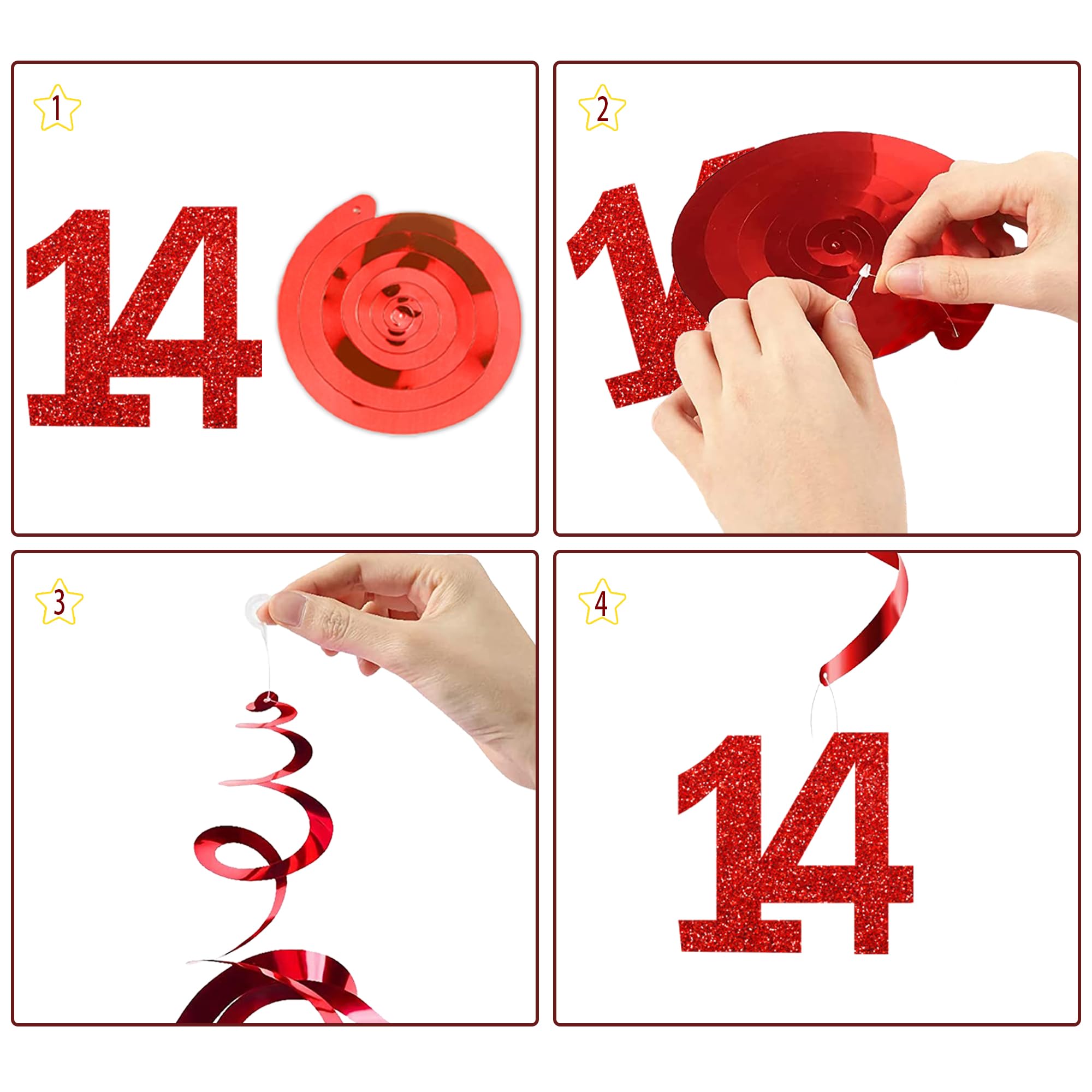 14th Birthday Decorations for Boys Girls - Black Red Glitter Happy 14th Birthday Letter Banner and Pennant Flags, Number 14 Foil Balloons and Hanging Swirls for 14 Years Old Children Party Supplies - 4