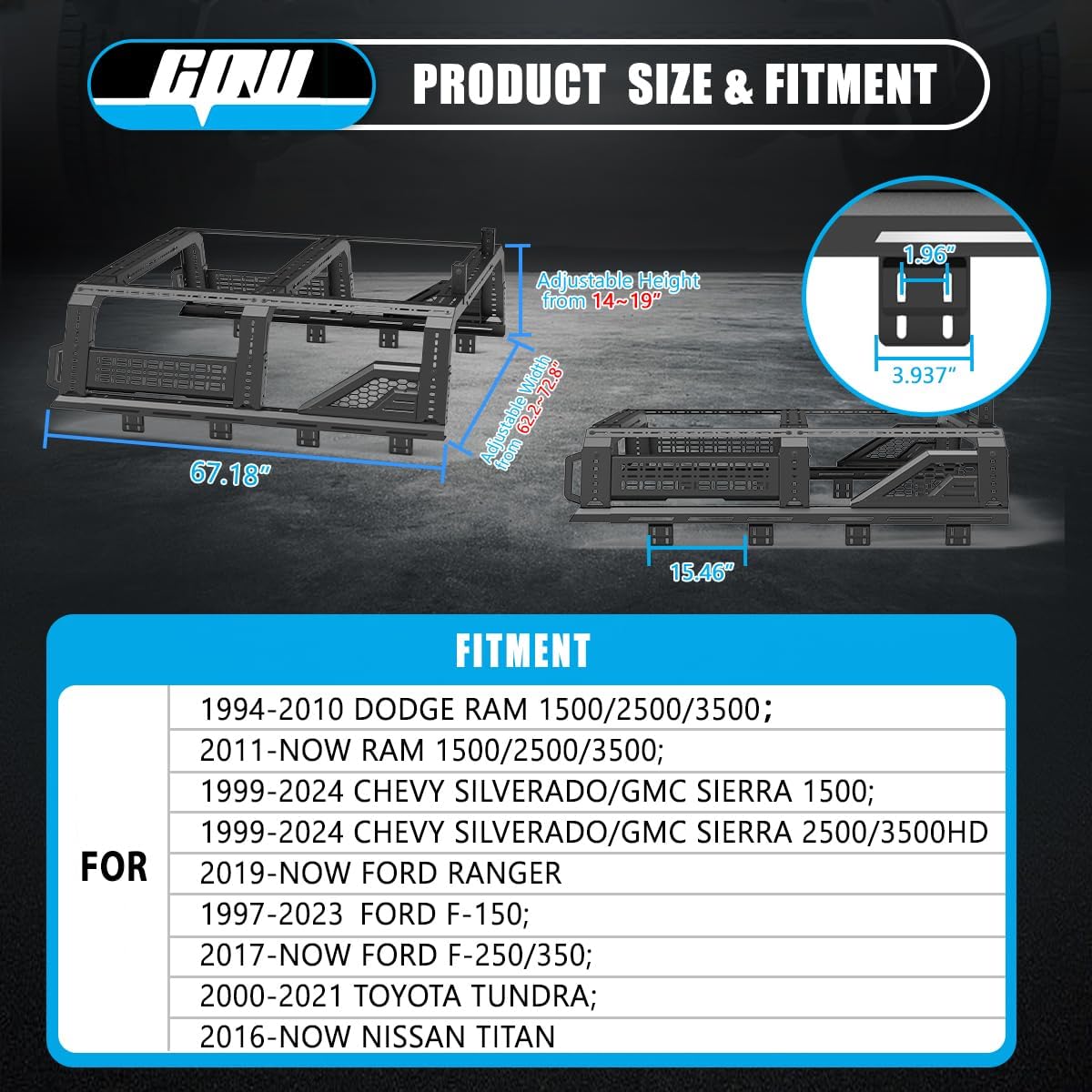 CPW Full-Size Pickup Truck Roll Bar Fit for Tundra/Ford, Adjustable Sport Chase Rack Roll Bar Fit for Dodge Ram/Nissan, Modular Overland Bed Rack Fit for Chevy Silverado/GMC Sierra with Molle Panel