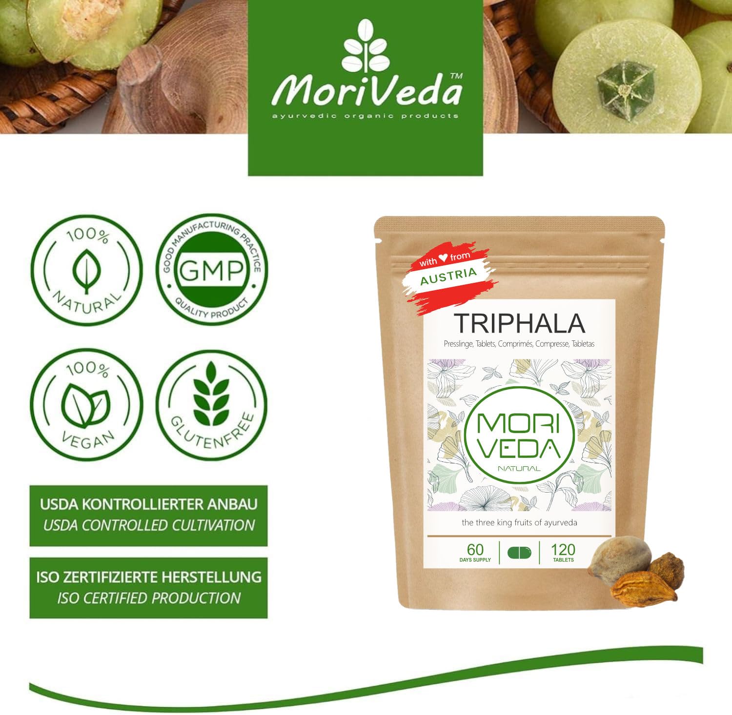 MoriVeda Triphala compresse 1000 mg, miscela ayurvedica di tre frutti composta da amla, haritaki e bibhitak, integratore vegetale vegano, 3x 120 compresse