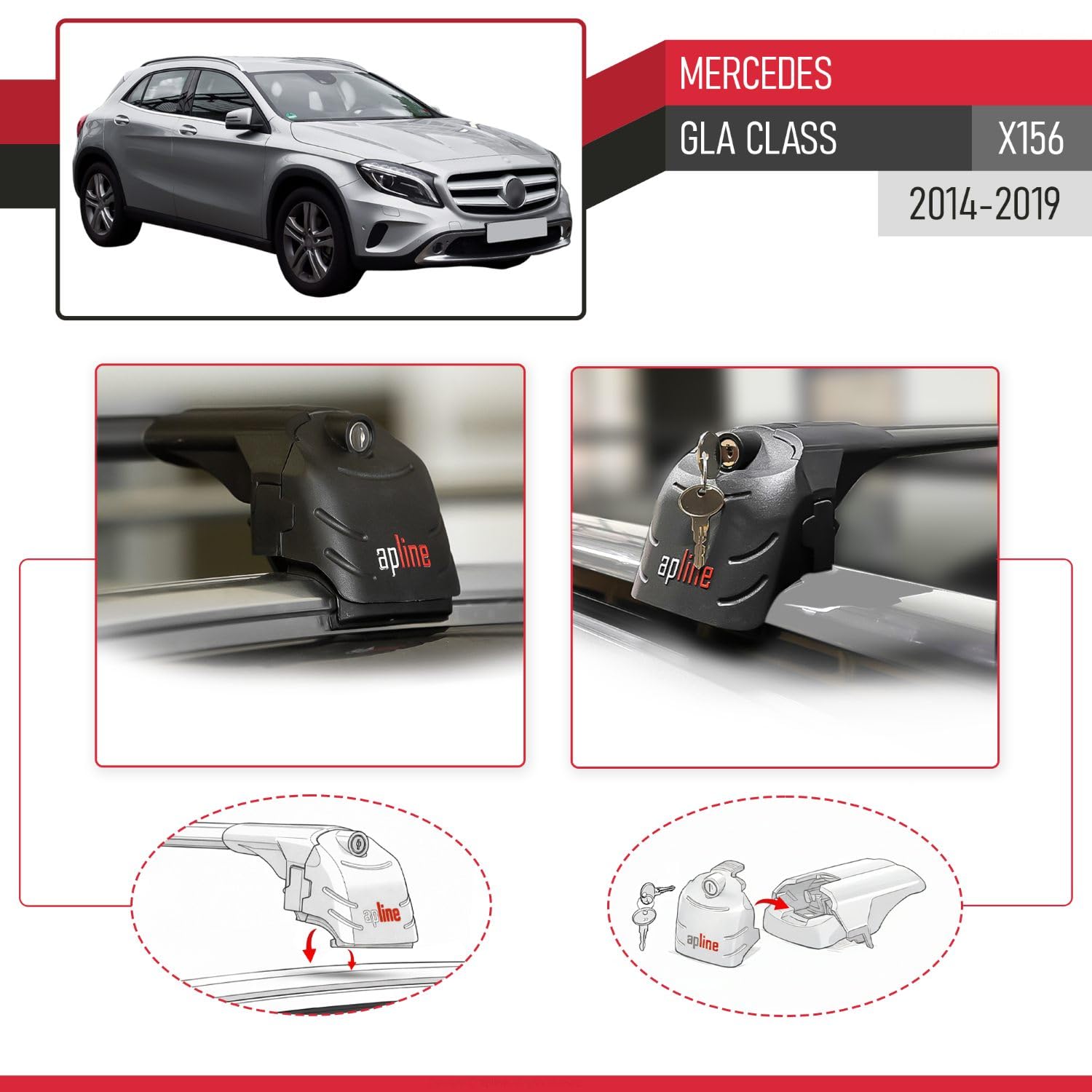 Compatible avec Mercedes Classe GLA (X156) 2014-2019 ACE-2 Barres de Toit Railing Porte-Bagages de Voiture Noir Aluminium 2 Barres