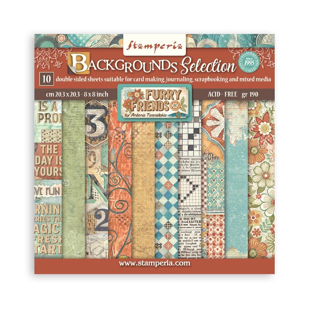Stamperia - Scrapbook Paper Pad for Scrapbooking, Albums, Cards, Bullet Journals, and More, Acid Free, Double-Sided, Perfect for Crafts and Gifting (Furry Friends Background Selection) (8" x 8")
