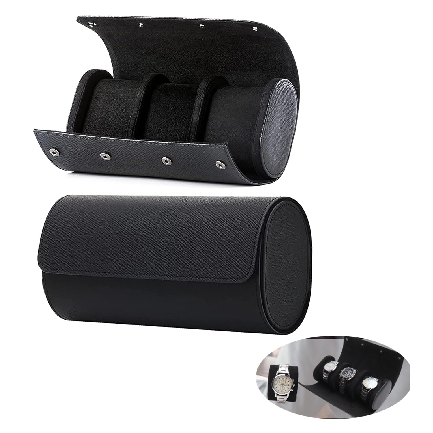 X springX spring Wrist Watch Case, 3 Slots PU Leather Watch Box, Portable Wrist Watch Case, Travel Round Roll Holder, Watch Display Storage Case for Men Women, Jewelry Storage Box for Watch Bracelet
