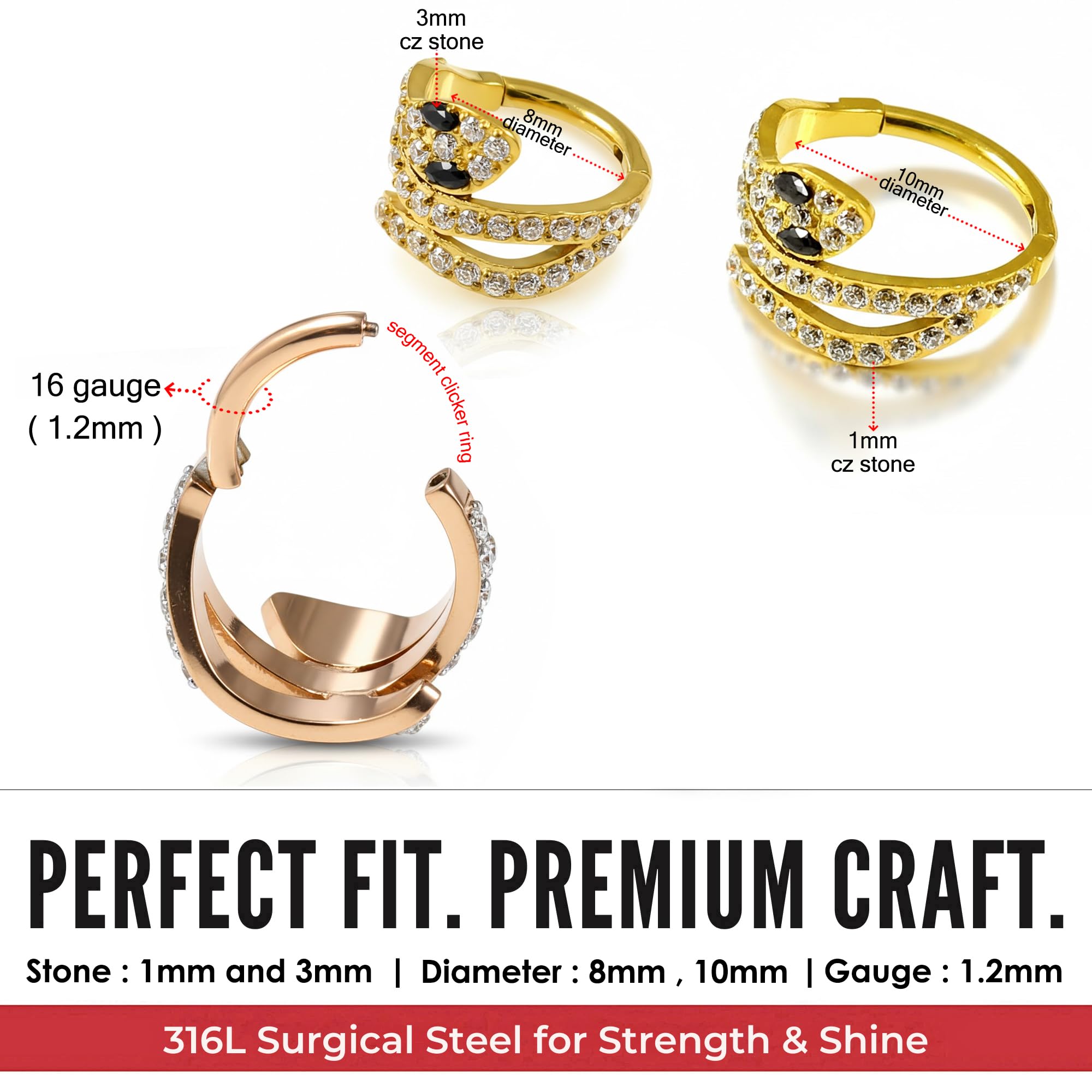 Anello a scatto con segmento incernierato in acciaio chirurgico 316L con zirconia cubica, per cartilagine, per daith, anello da camera, elice, calibro 16