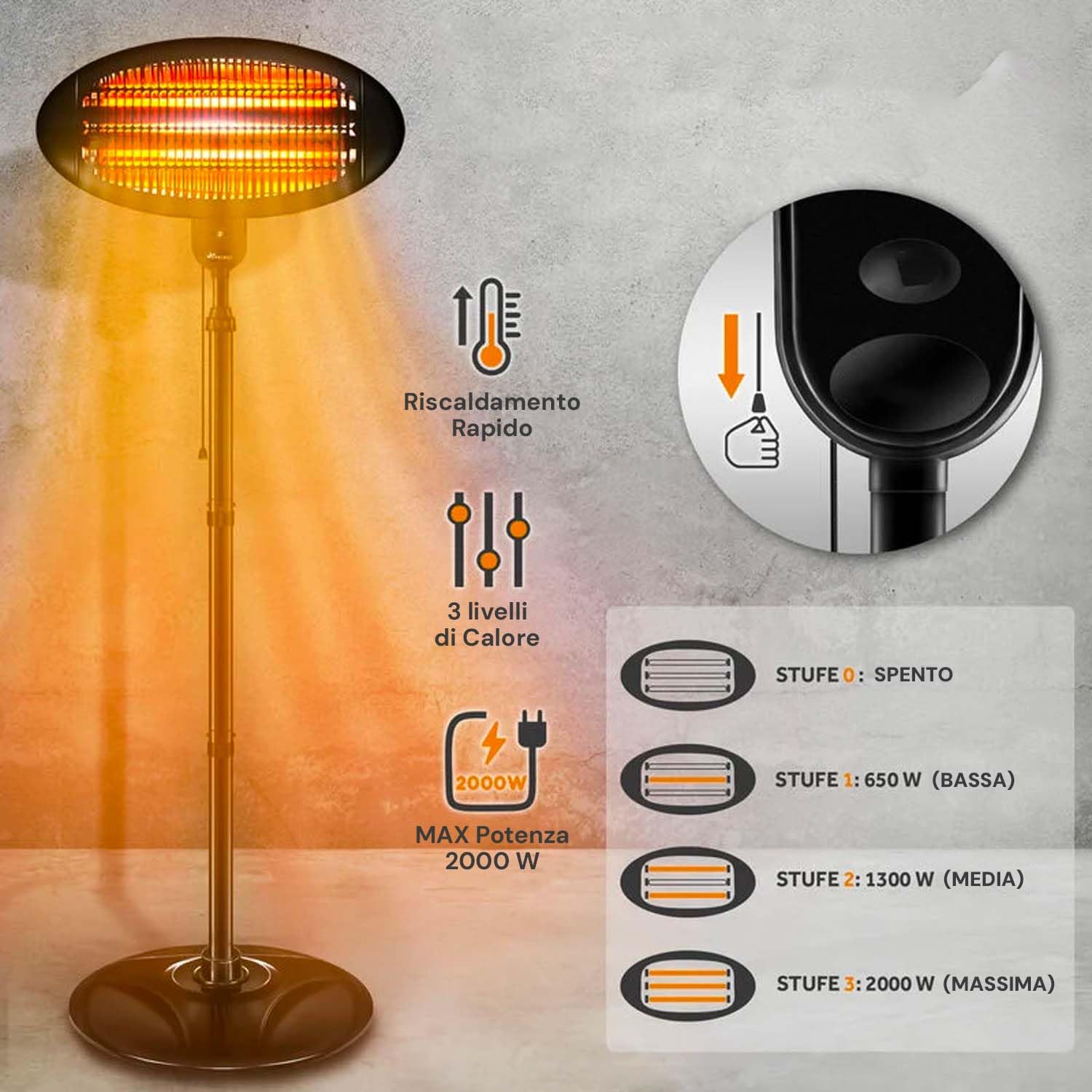 Avilia Riscaldatore Elettrico da Interno ed Esterno Ignis - Stufa da Patio, 3 Impostazioni di Calore, sta Inclinabile a 45°, fino a 2000W, 50x50x200cm, Nero