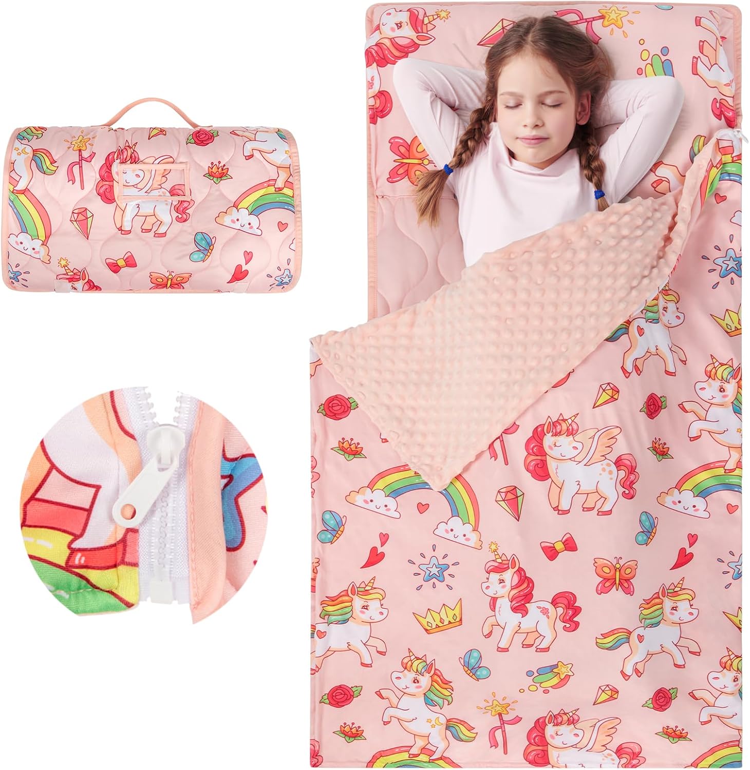 Toddler Nap Mat Extra Large 55‘’*29‘’ for 2-7 Years, Cotton Daycare Nap Mats with Removable Minky Blanket and Pillow, Boys Girls Sleep Mat for Preschool Kindergarten, Sleeping Bag Pink Unicorn