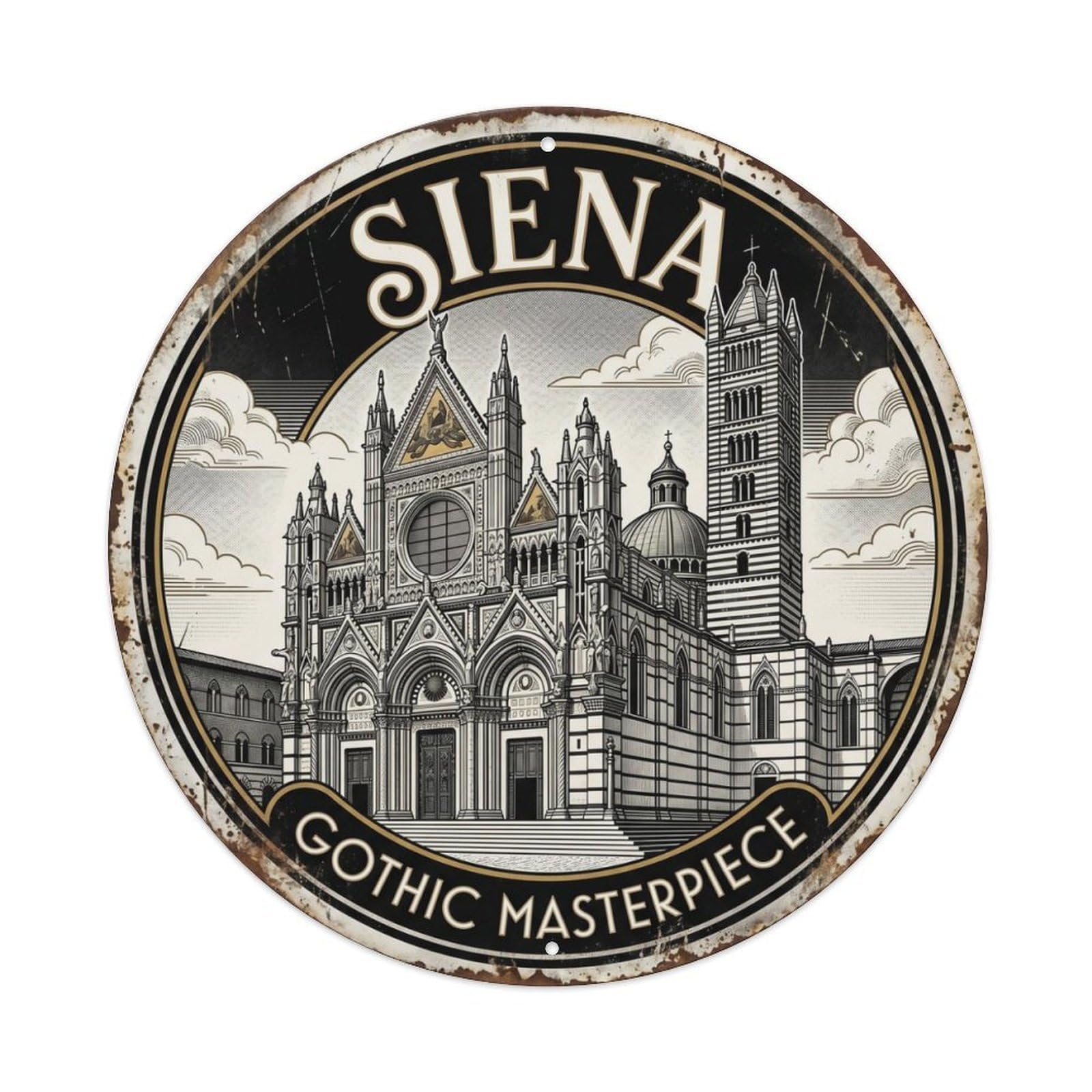 Vintage Travel Siena Cathedral Italy Metal Tin Sign Plaque Wall Decor for Cafe, Club Bar, Office, Home Garden Round Metal Poster 8x8Inch