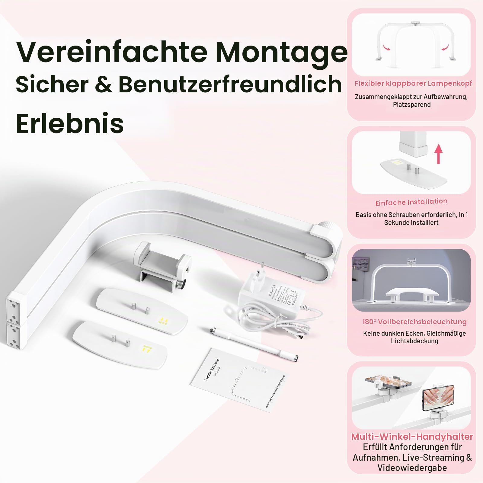 Desktop Halbmond Lampe Nägel: 29in Halbmond Lampe für Anfänger - 3 Farbmodi und 10 Helligkeitsstufen Nagel Tischlampe für Salon - 40W LED Halbmond Wimpern Lampe für Kosmetik/Tattoo - Weiß