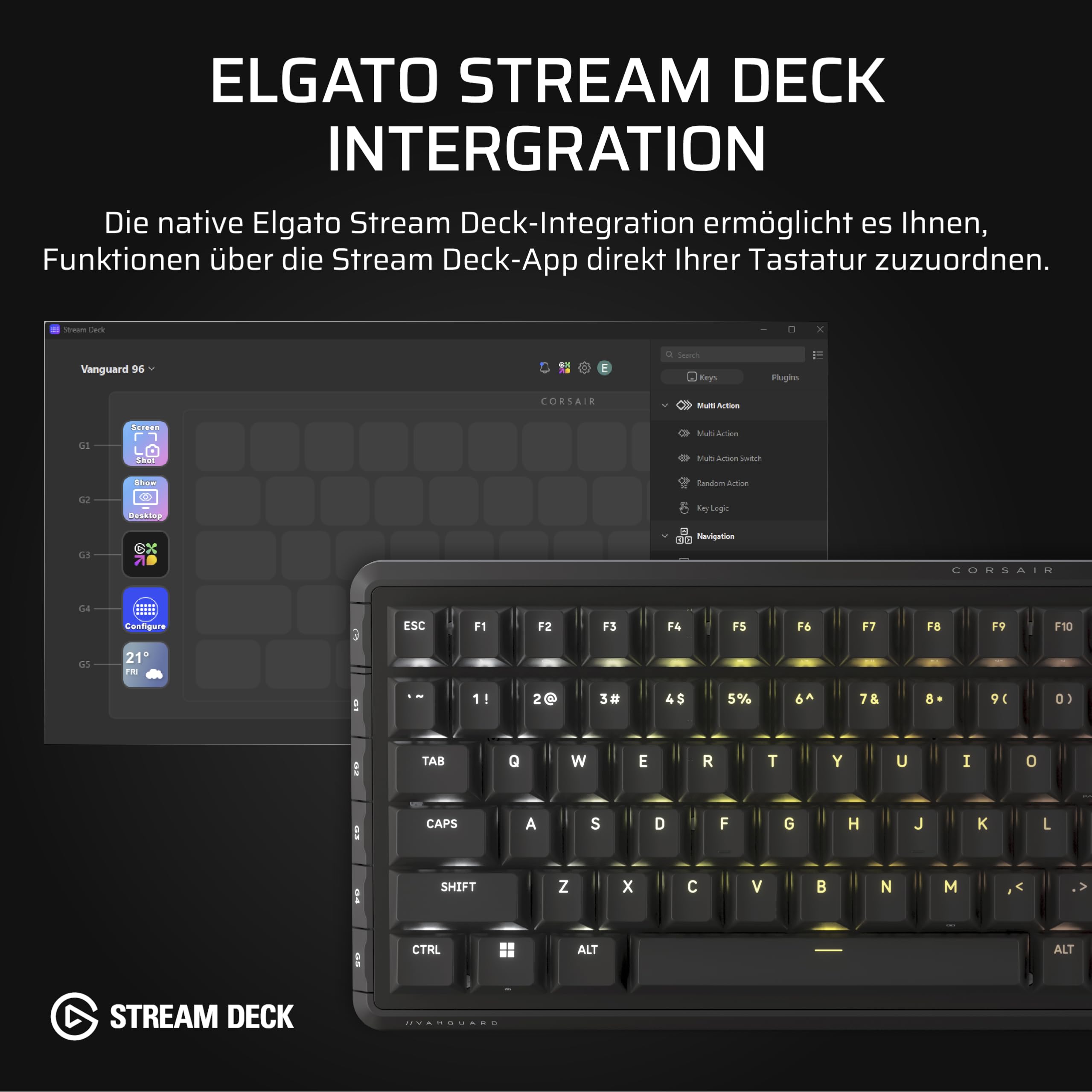 Corsair Vanguard 96 Kabelgebundene Mechanische Gaming-Tastatur – Schwarz | QWERTZ DE, 96% Layout, MLX Plasma-Linearschalter, 8000Hz-Polling, LCD-Display, Virtual Stream Deck, G-Tasten, SOCD Flashtap