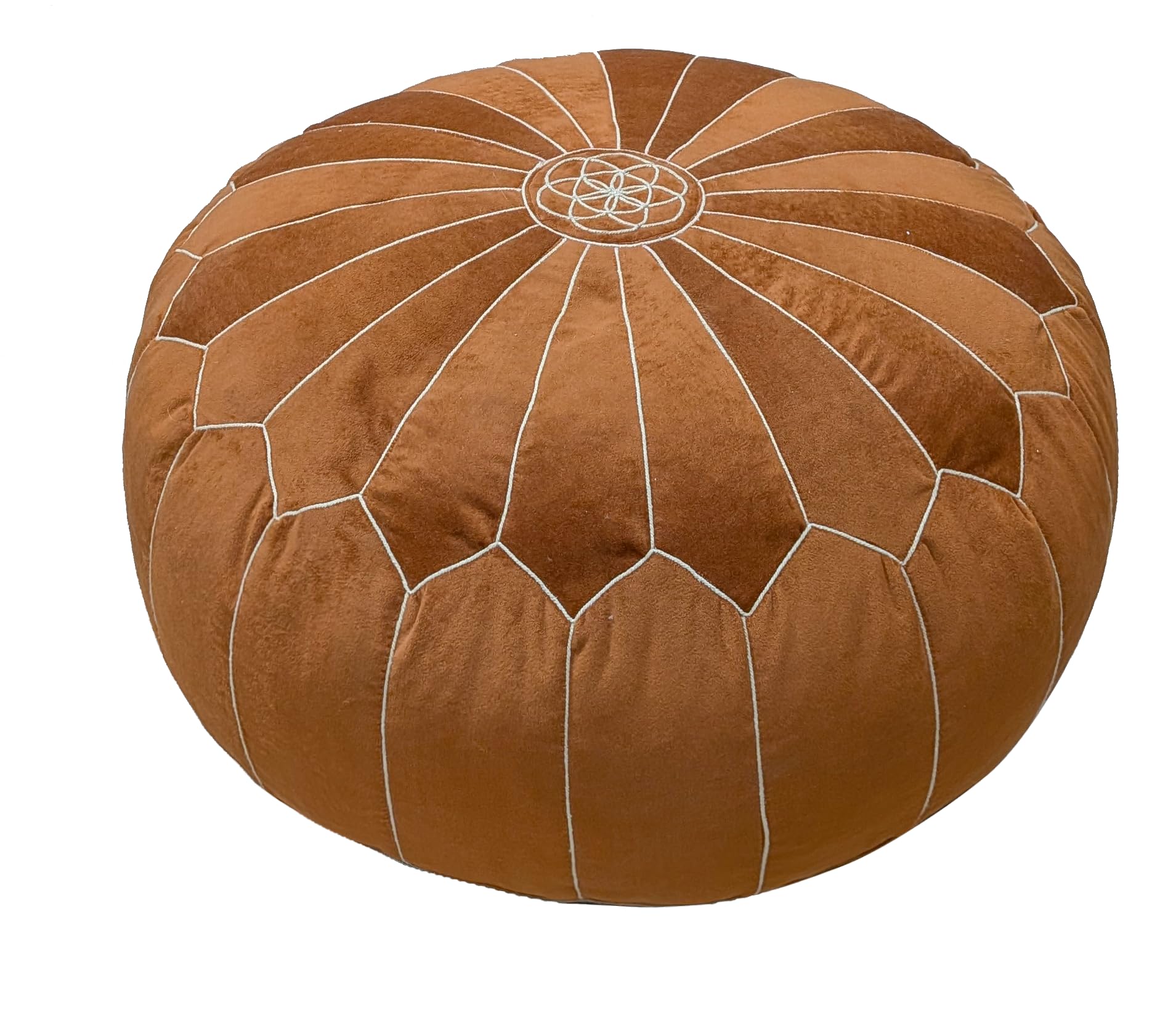 Pouf da pavimento in velluto marocchino arancione bruciato, cuscino rotondo ottomano con ricamo mandala, cuciture a pannello fatte a mano, seduta da pavimento bohémien, per soggiorno, meditazione e