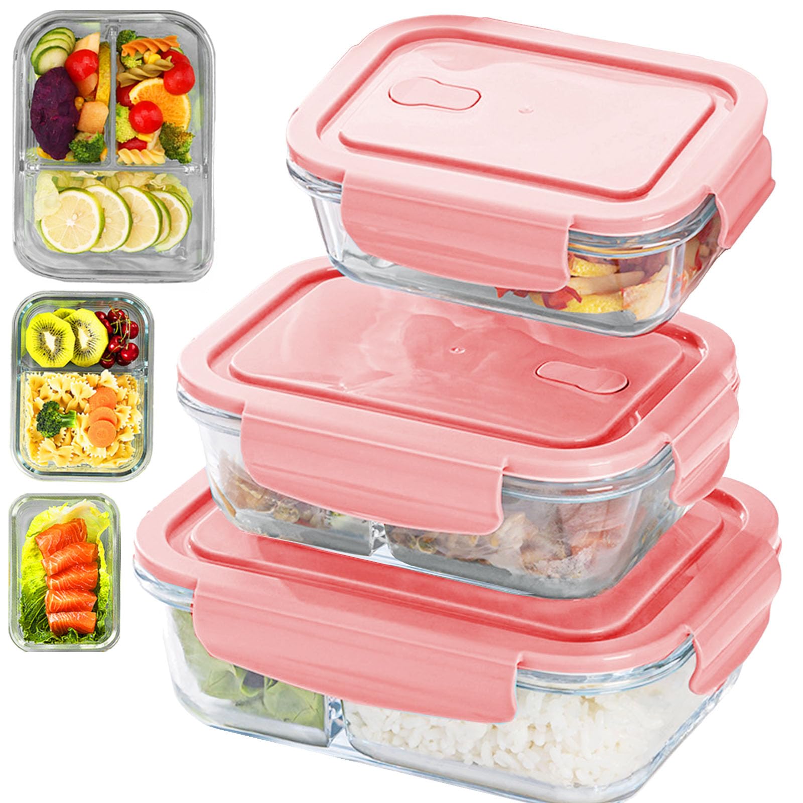 YumLock Strong & Healthy Glass Food Storage Containers - 3 & 2 & 1 Compartment Meal Prep Containers for Pantry & Kitchen Storage - Lunch Containers for Adults - Freezer & Microwave Safe, Pink