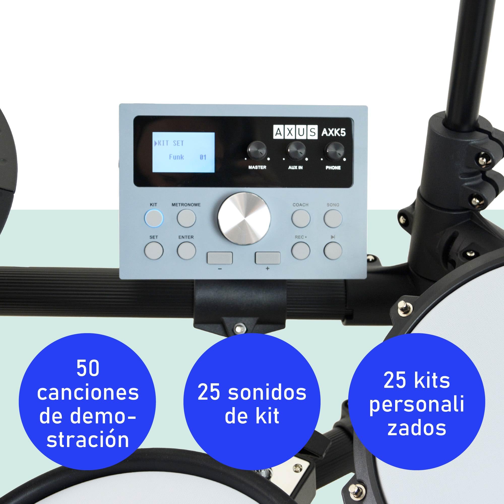 Axus AXK5 Batería Electrónica - Set Completo con Parches Mesh, 25 Sonidos, USB MIDI, Auriculares, Taburete y Baquetas Incluidos - Perfecta para Principiantes Adultos Niños Práctica Casa