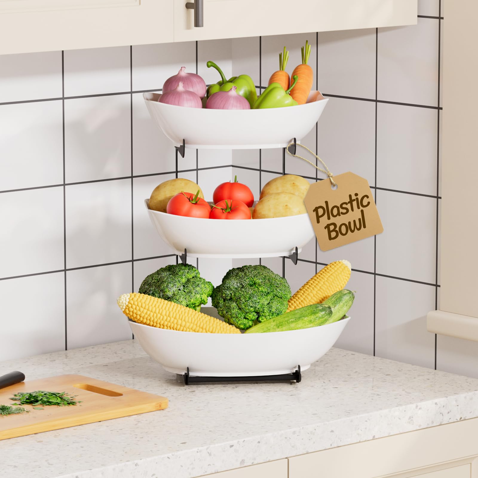 Lifewit Cestino per Frutta in Plastica a 3 Livelli Piano Cucina, Portafrutta con Supporto in Metallo Nero, Vassoio da Portata per Cibo, Verdure, Torte e Dessert per Feste, 28 x 35 cm, Nero