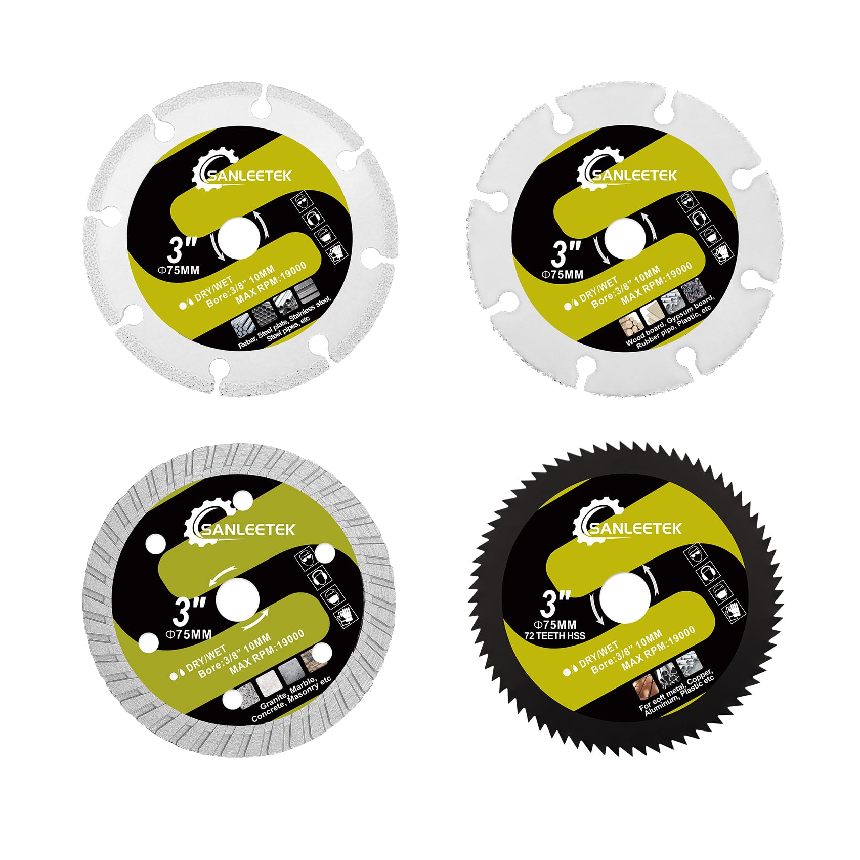 SANLEETEK Diamond Saw Blade Set - 3" (75mm) 4pcs Wood/Concrete/Metal/Steel Blade for Porcelain Tile/Ceramic/Wood/Soft Metal/Plastic Arbor 3/8" (10mm)