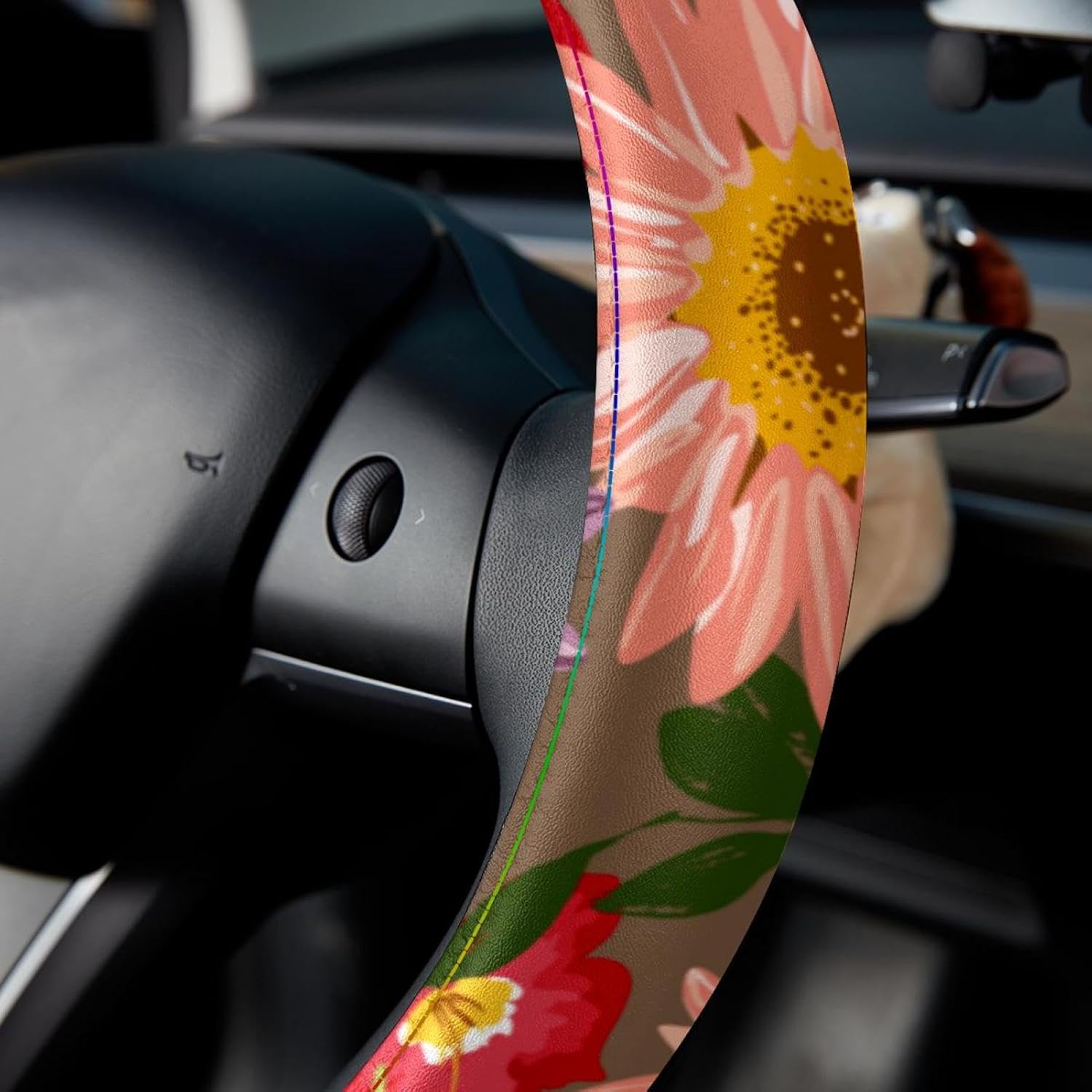 Soft Leather Car Steering Wheel Cover, Anti-Slip Protector 14.5" Universal Car Accessory for Cars Vehicles Truck SUV - Cute Flowers Floral Pattern