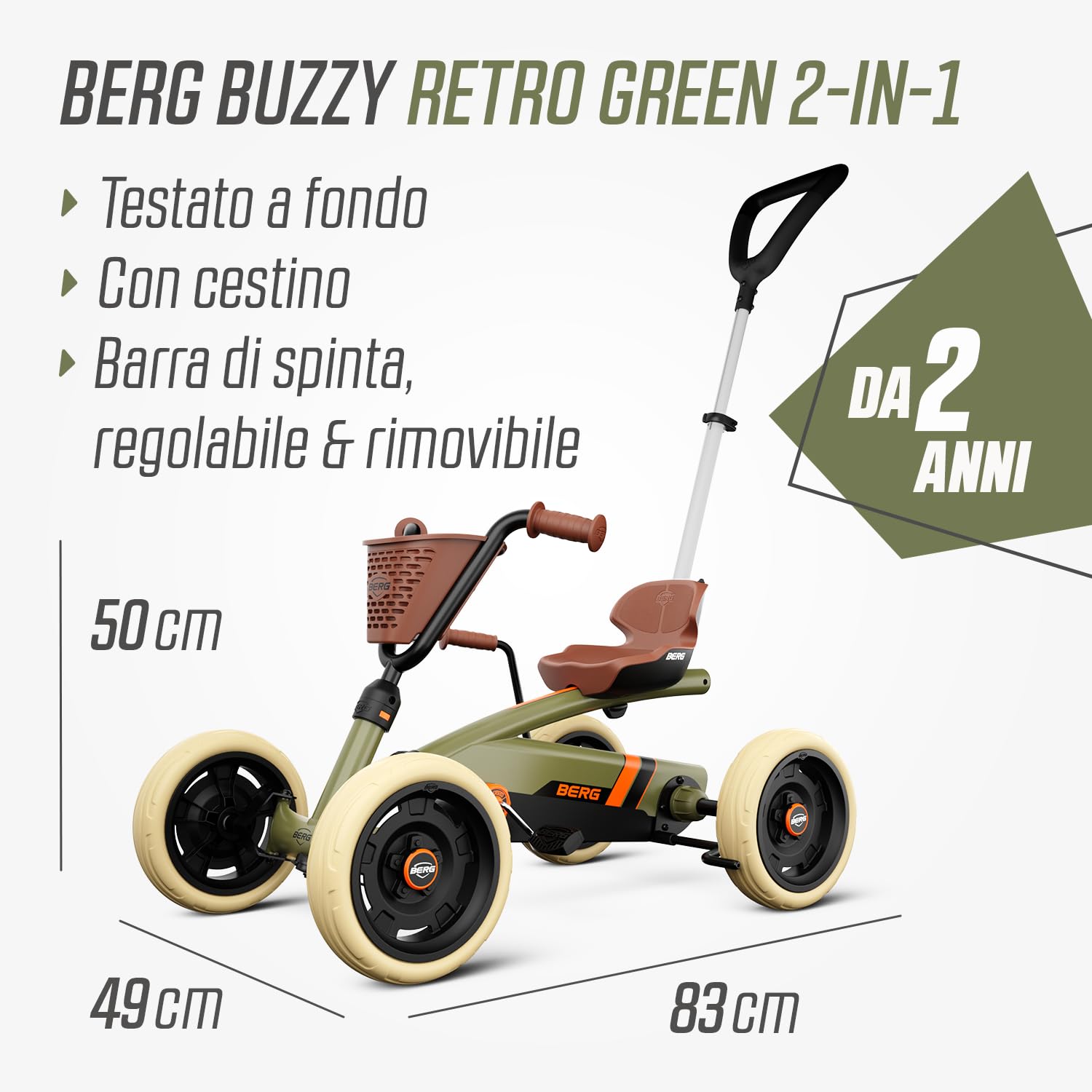 BERG Pedal-Gokart Buzzy 2 in 1 incl. asta di spinta Gokart con ruota libera, veicolo a pedale, veicolo per bambini con freno a mano, veicolo a pedale con elevato standard di sicurezza, gokart dai 2
